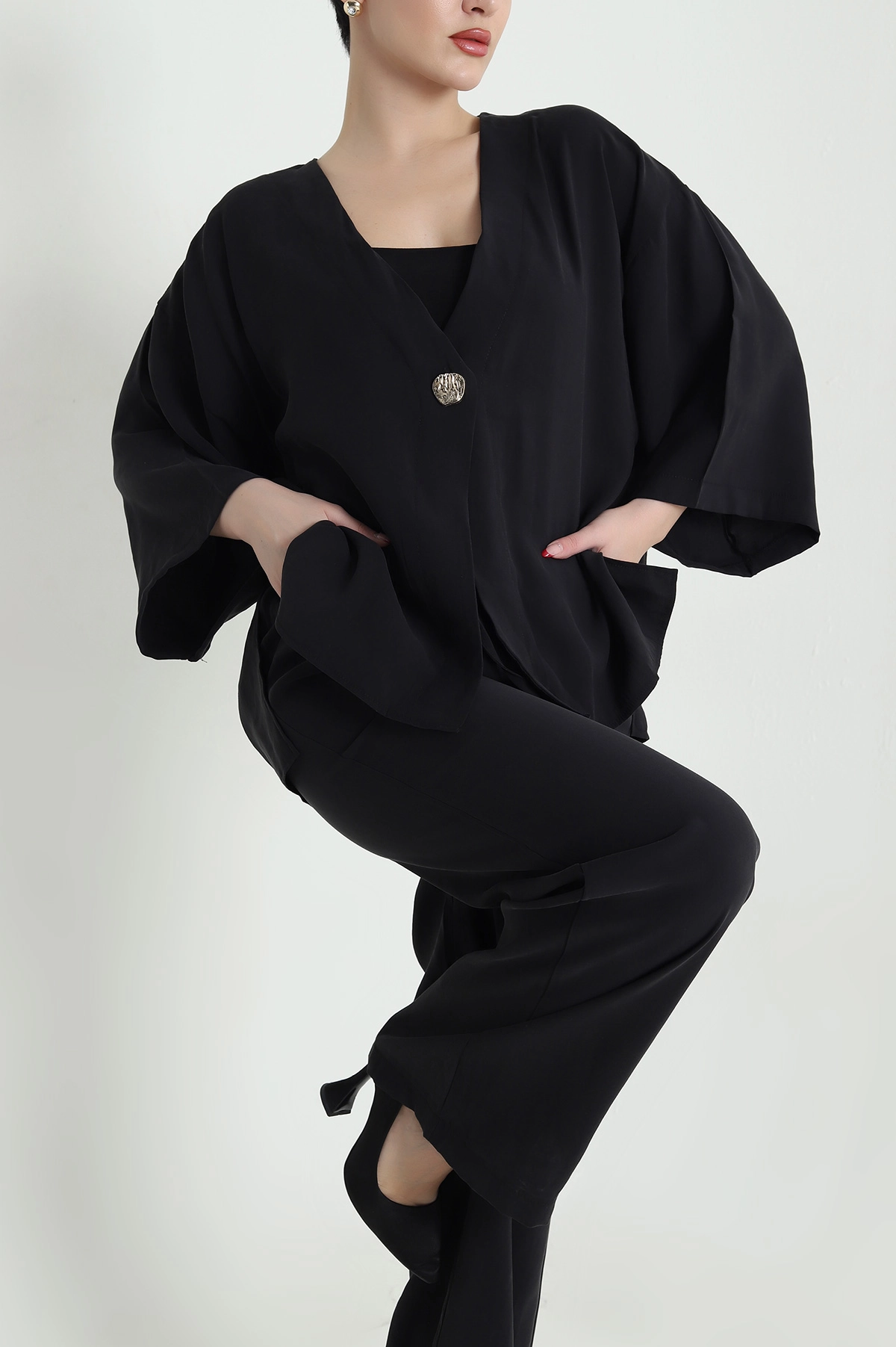 Siyah Tencel Pantolon Bluz Kadın İkili Takım 440597