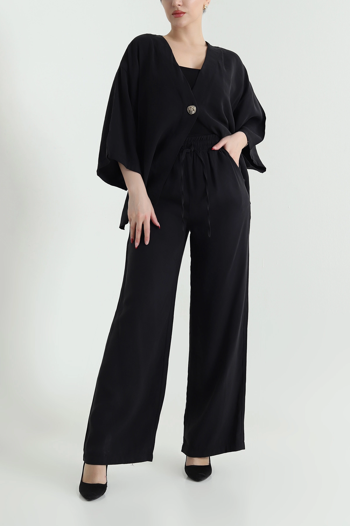 Siyah Tencel Pantolon Bluz Kadın İkili Takım 440597