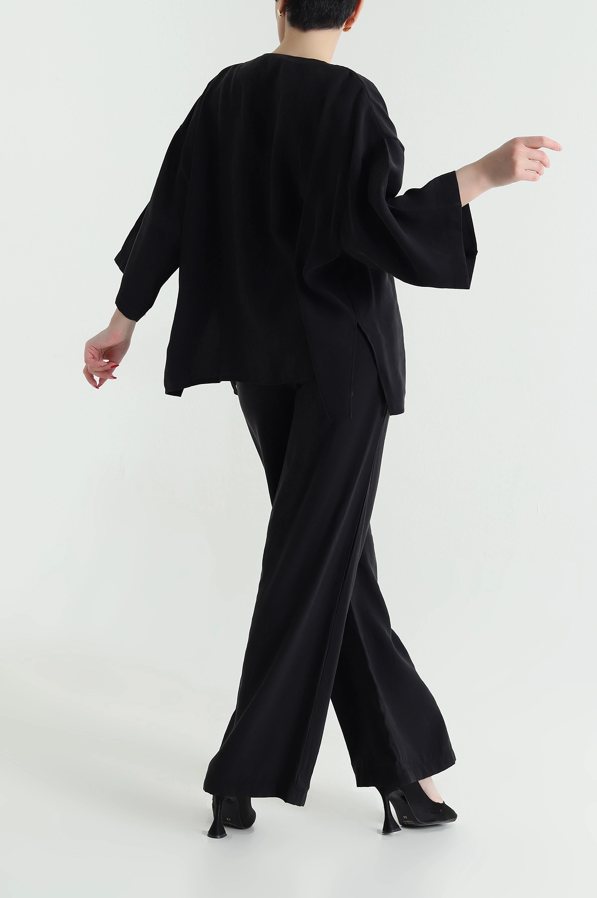 Siyah Tencel Pantolon Bluz Kadın İkili Takım 440597