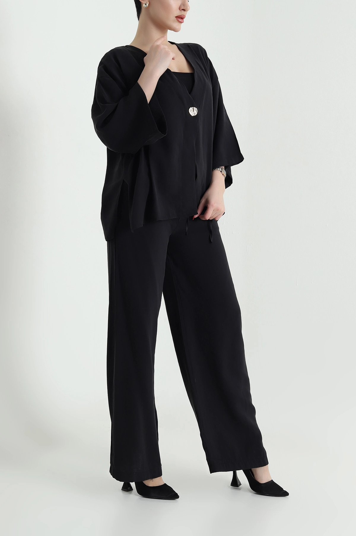 Siyah Tencel Pantolon Bluz Kadın İkili Takım 440597