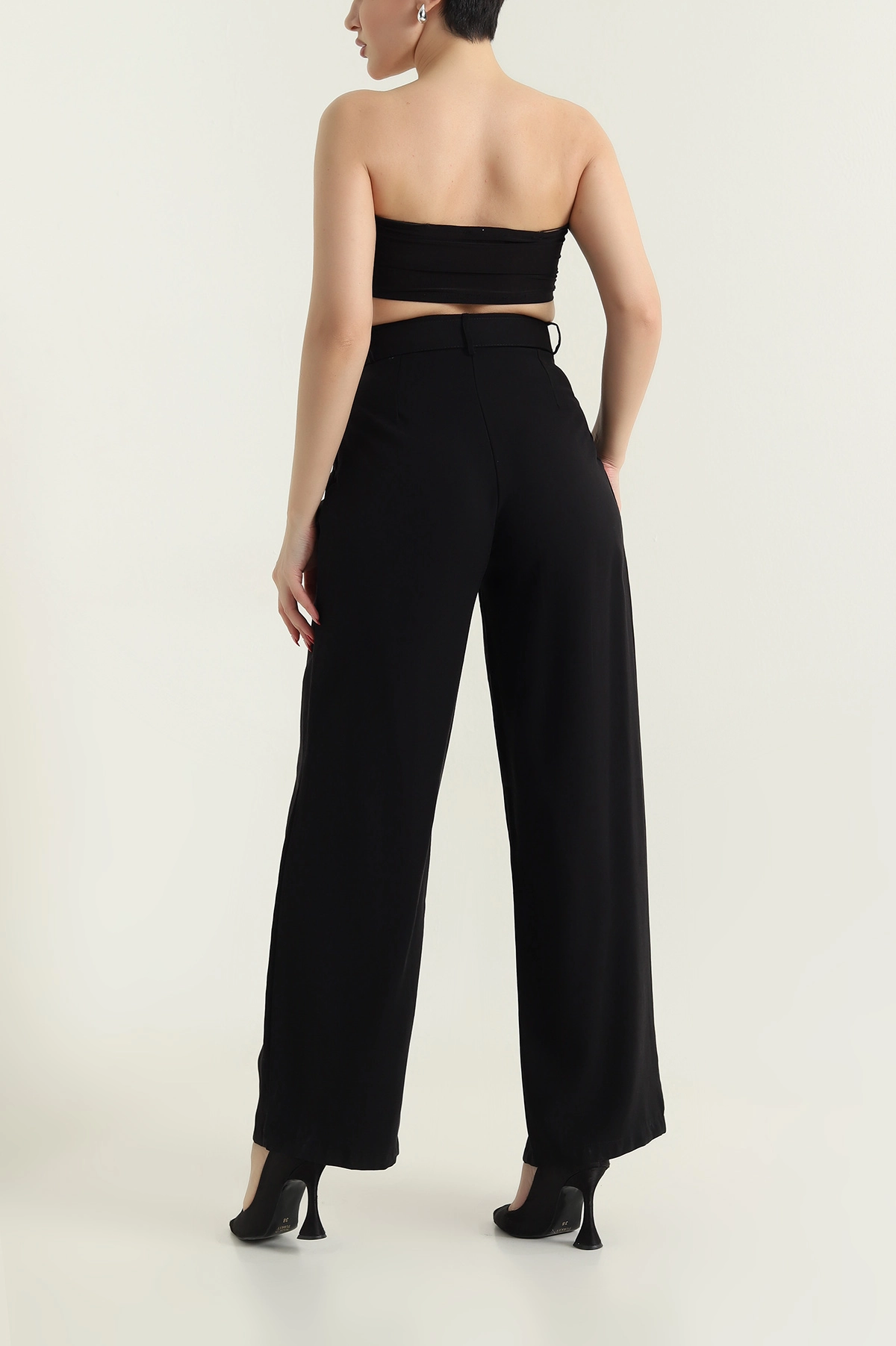 Siyah Tencel Viskon Kemerli Bol Paça Kadın Pantolon 434288