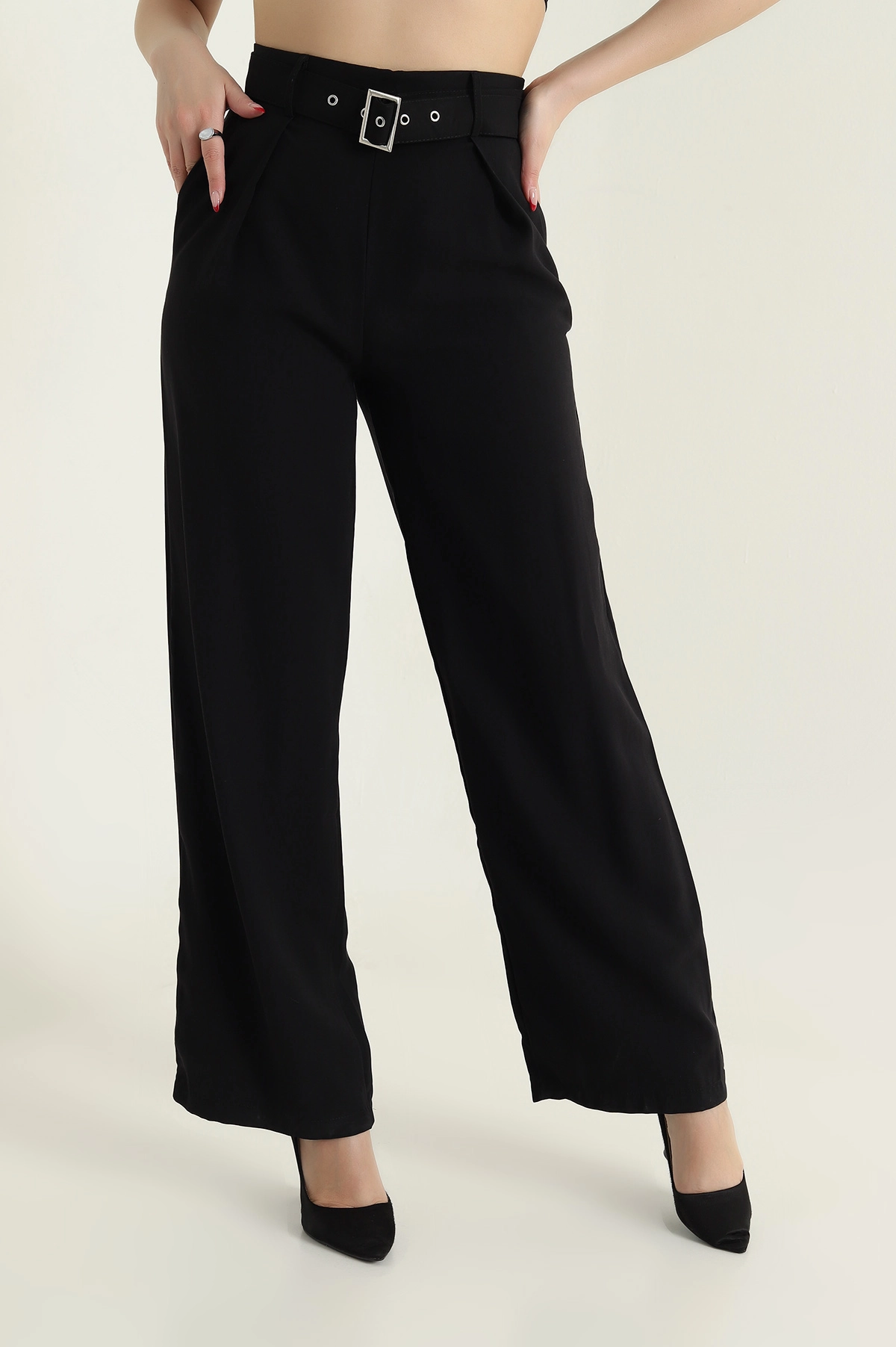 Siyah Tencel Viskon Kemerli Bol Paça Kadın Pantolon 434288