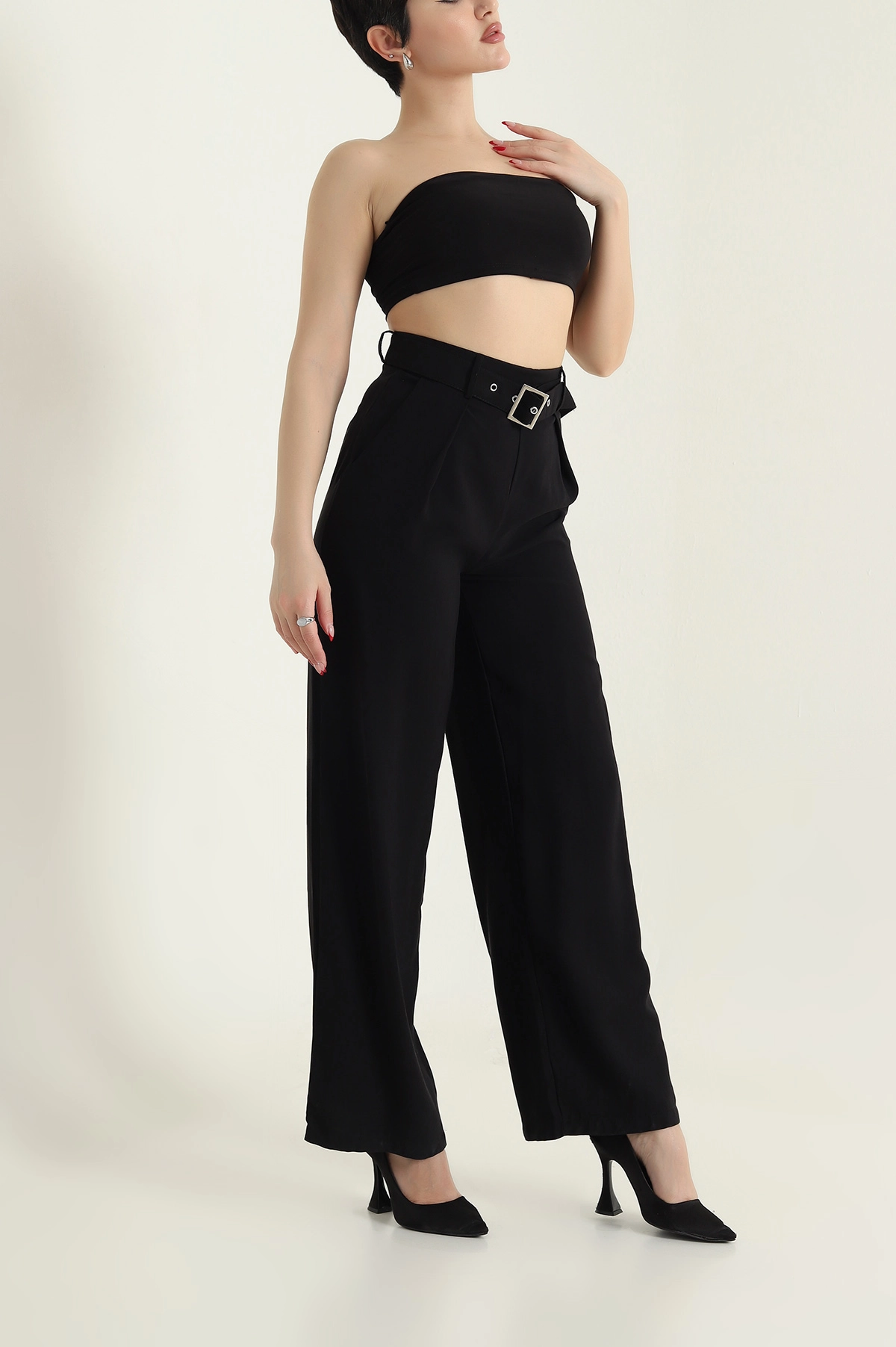 Siyah Tencel Viskon Kemerli Bol Paça Kadın Pantolon 434288