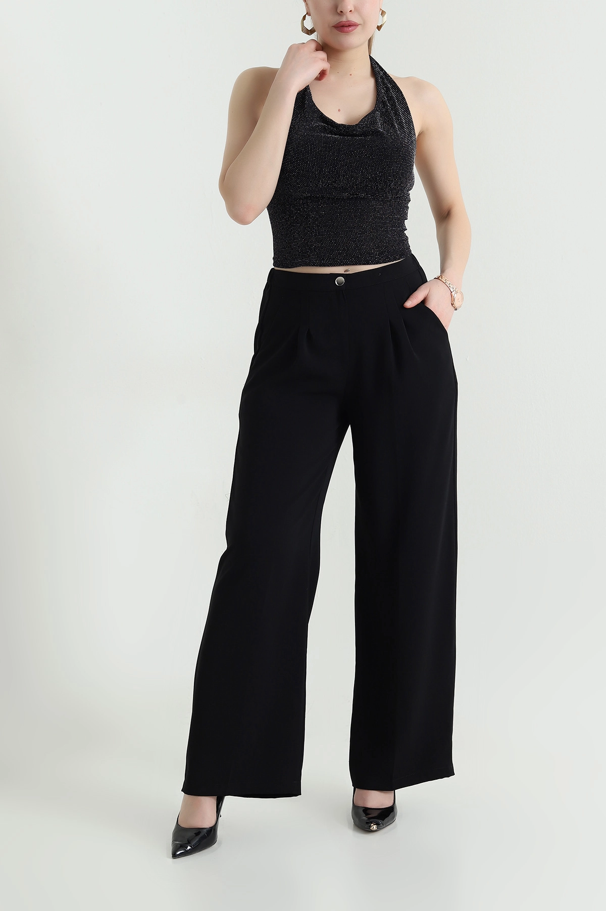 Siyah Tensel Crep Beli Lastikli Kadın Pantolon 440771