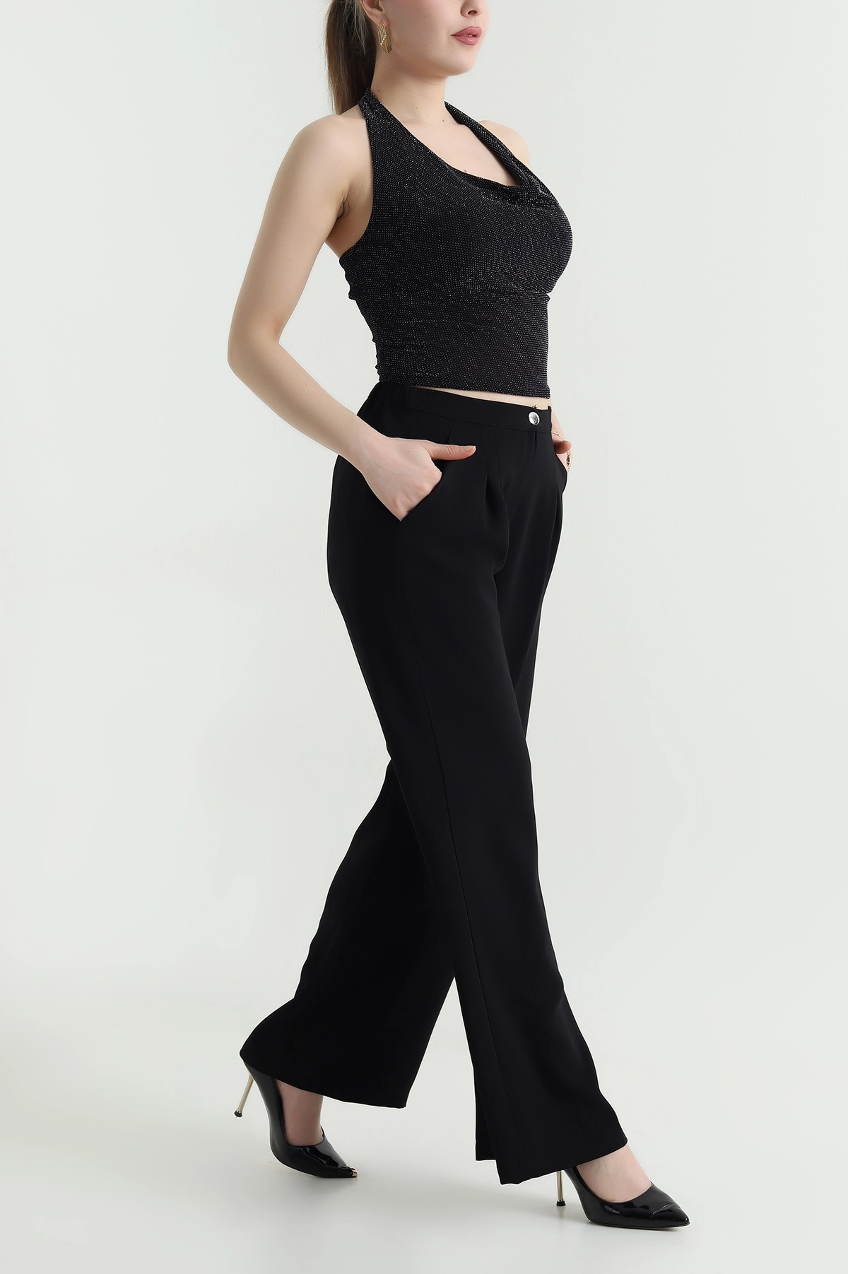 Siyah Tensel Crep Beli Lastikli Kadın Pantolon 440771