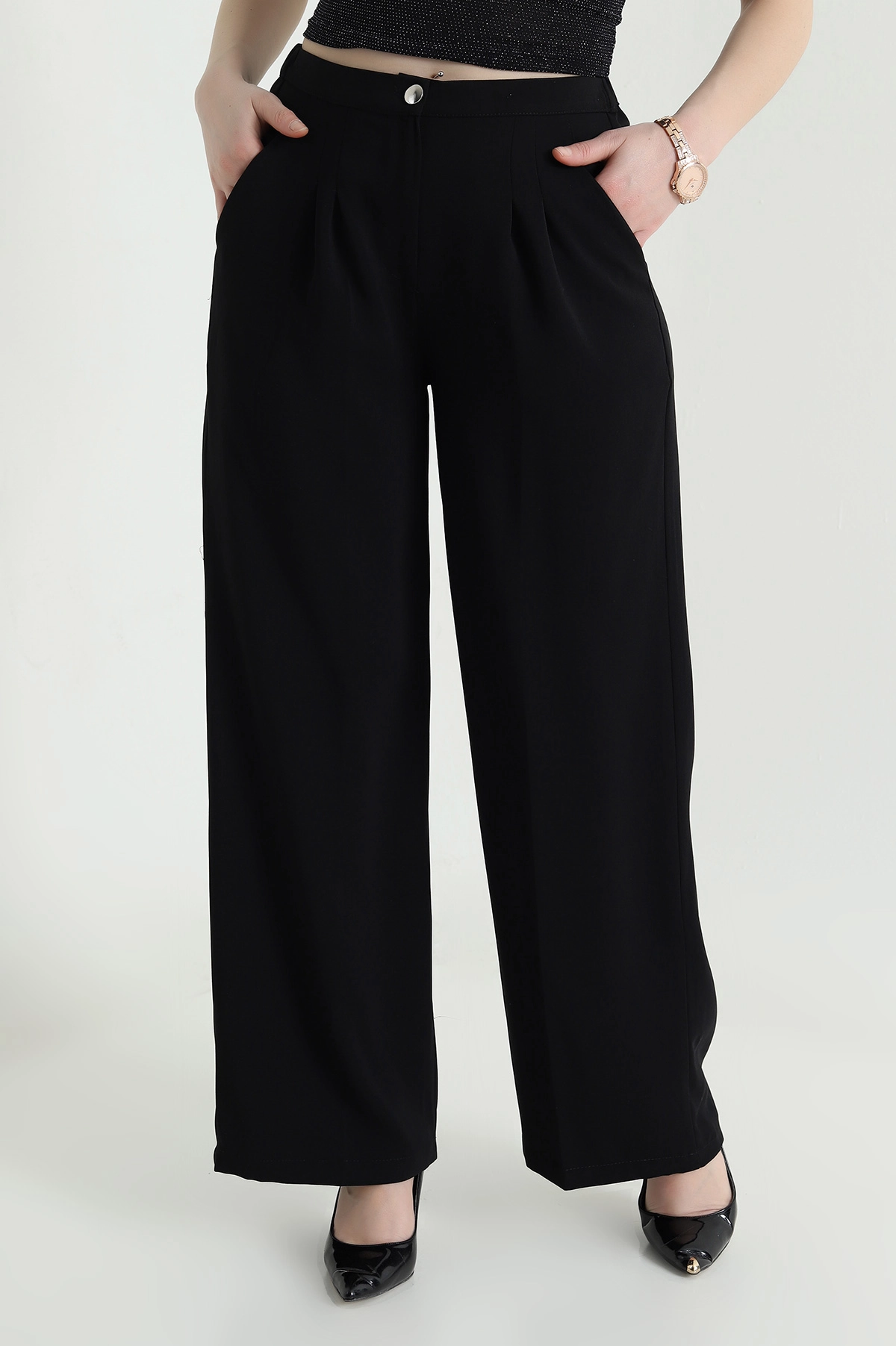 Siyah Tensel Crep Beli Lastikli Kadın Pantolon 440771