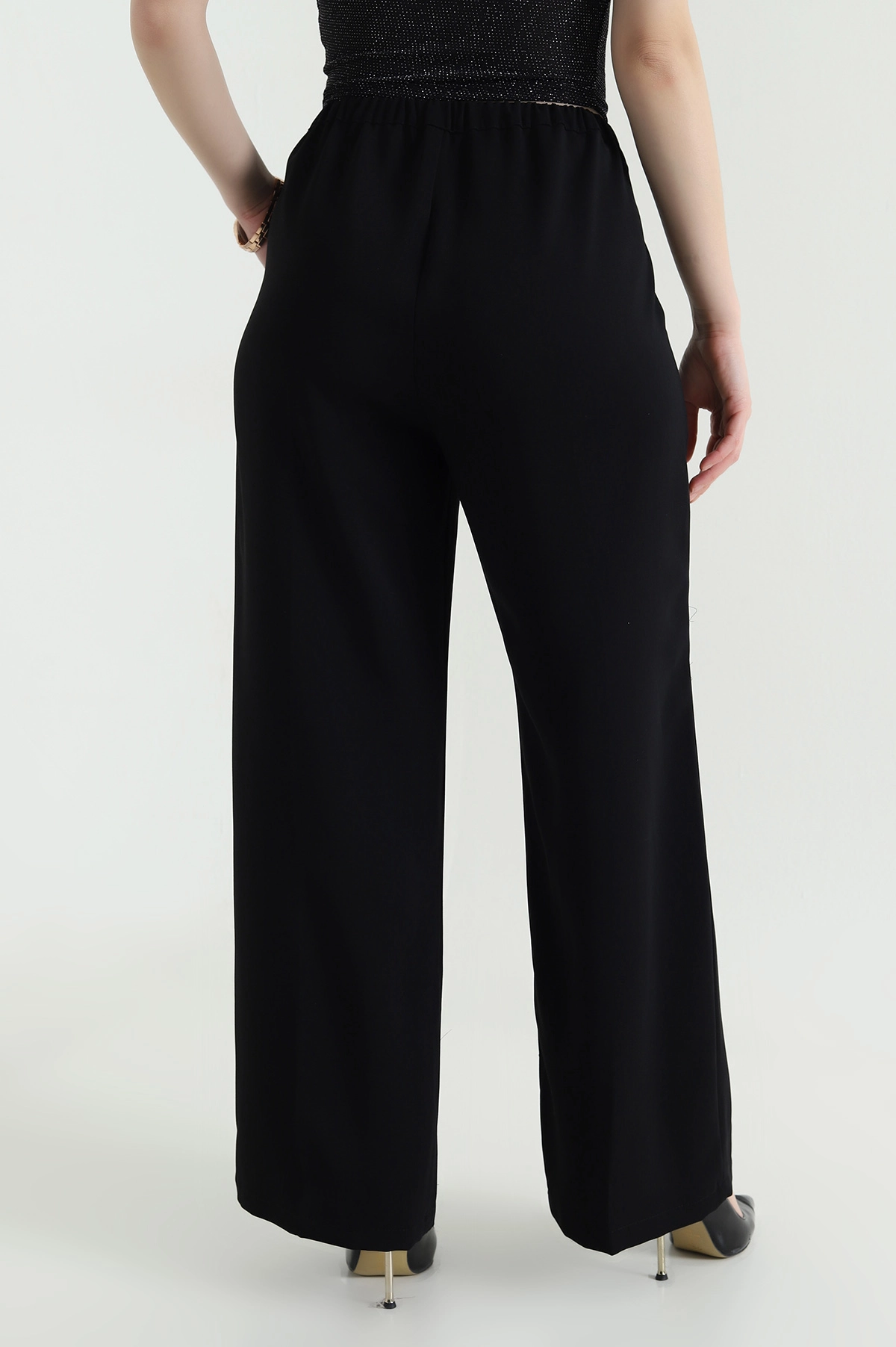 Siyah Tensel Crep Beli Lastikli Kadın Pantolon 440771