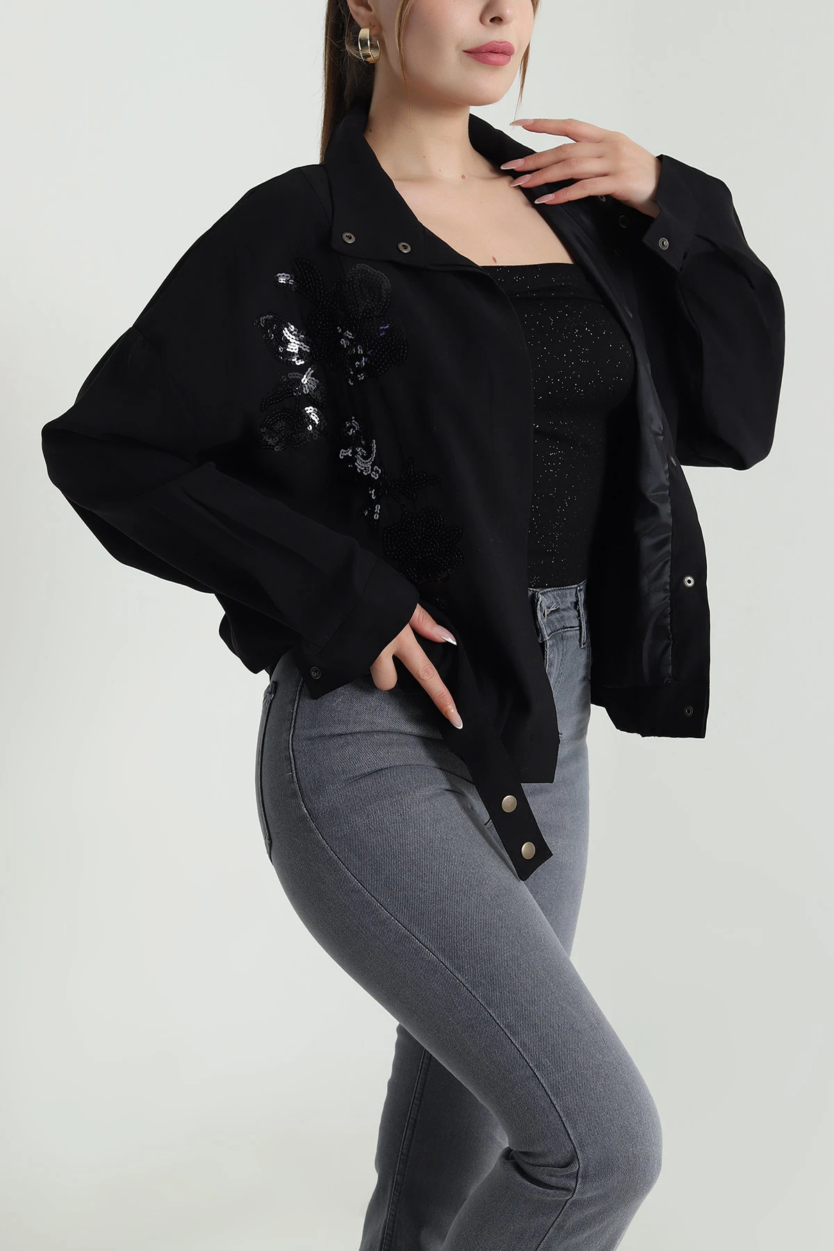 Siyah Tensel Gabardin Kadın Mevsimlik Mont 488032