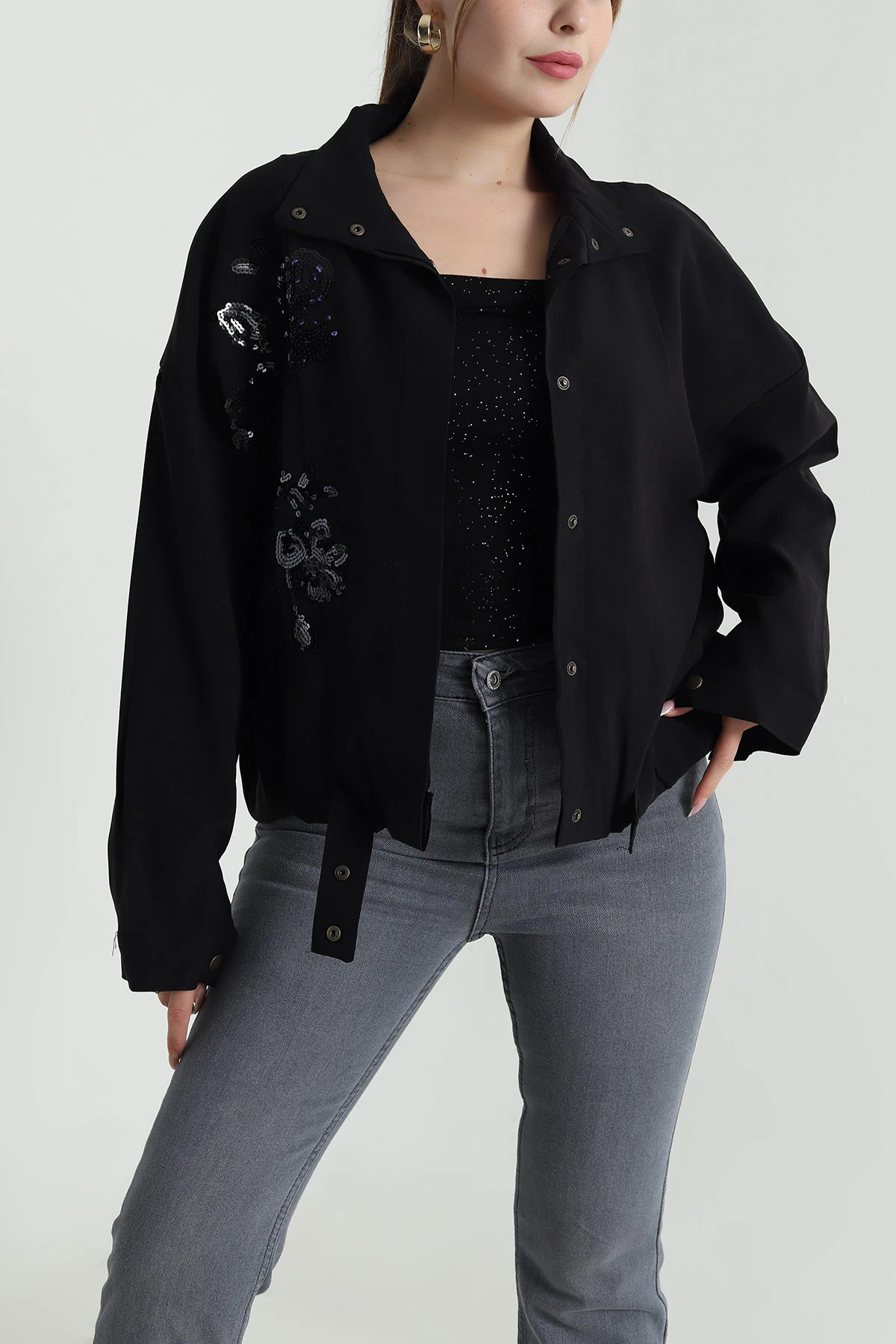 Siyah Tensel Gabardin Kadın Mevsimlik Mont 488032