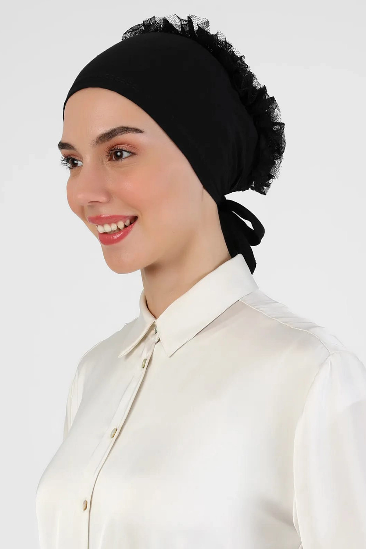 Siyah Tesettür Dikişli Fırfırlı Bone 454229