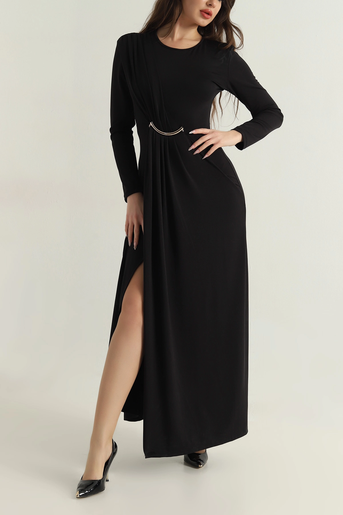 Siyah Tokalı Likralı Modal Kadın Elbise 414847