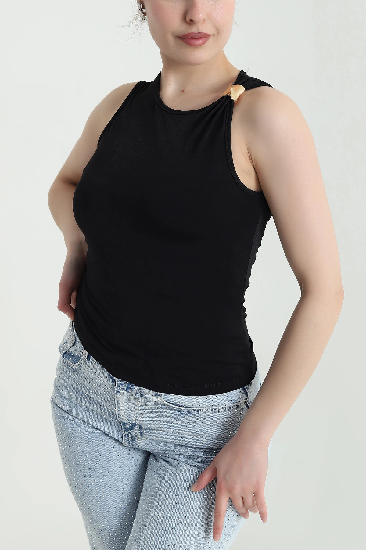 Siyah Tokalı Likralı Sandy Kadın Bluz 451323