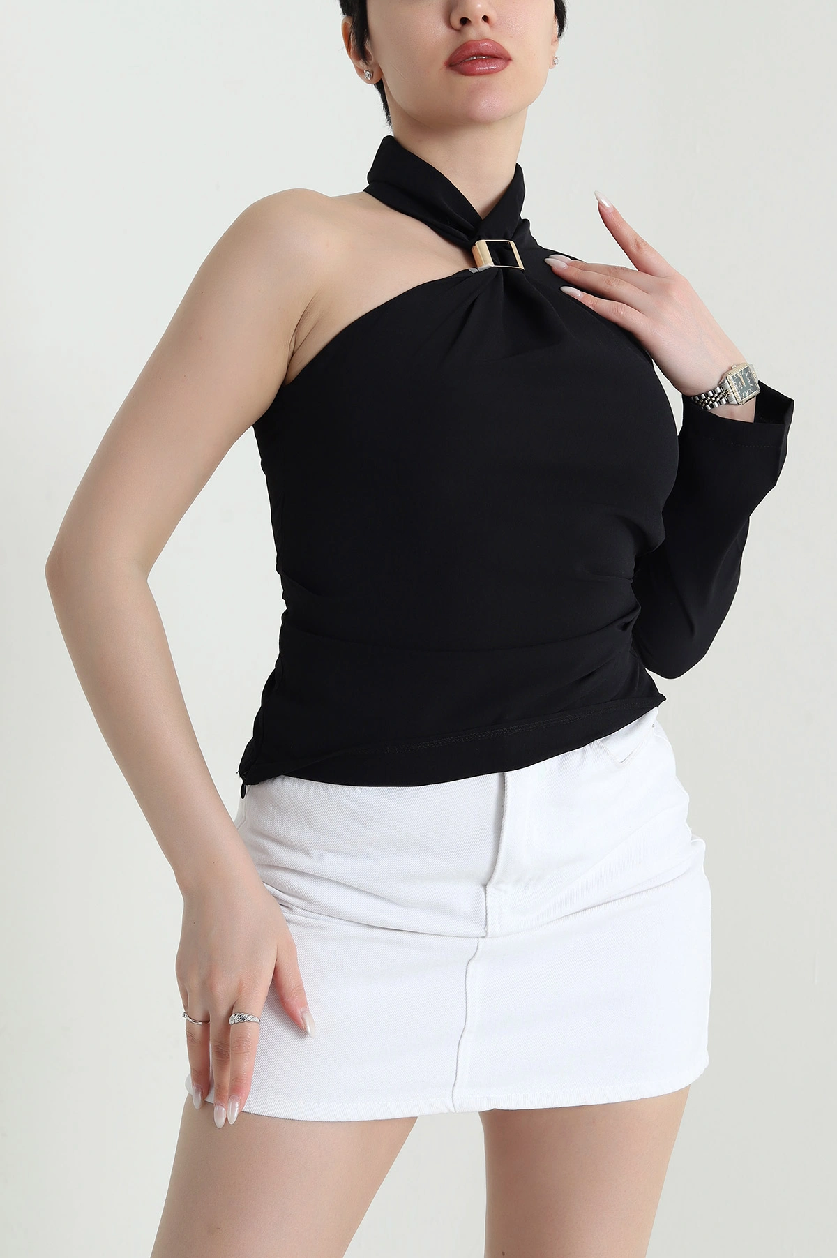 Siyah Tokalı Tek Kol Likralı Linda Kadın Bluz 449536