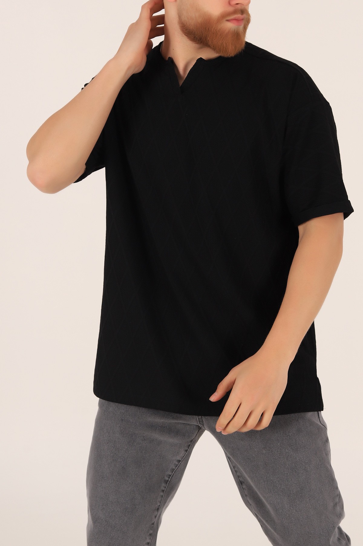 Siyah Triko Dokulu Oversize Erkek Tişört 169611