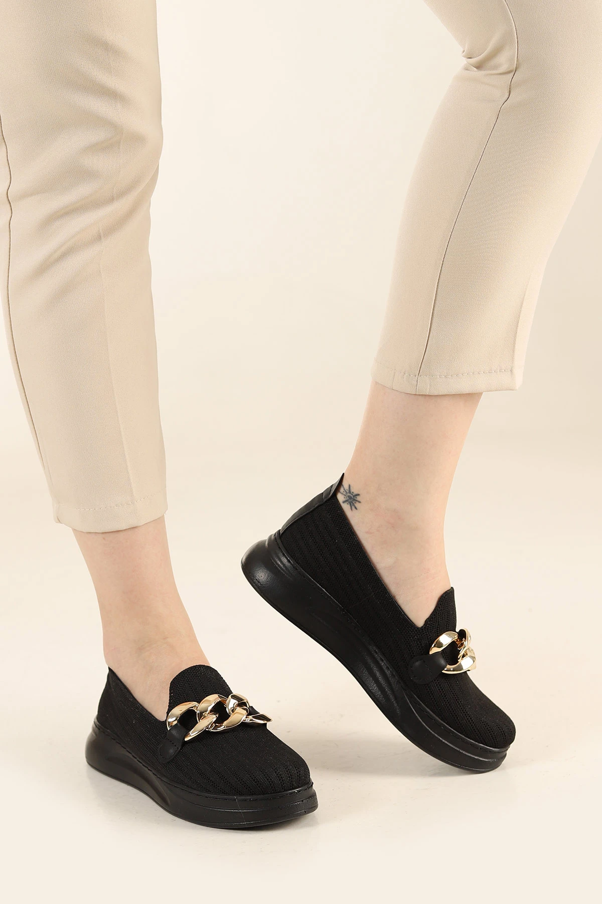 Siyah Triko Gold Tokalı Loafer Ayakkabı 263752