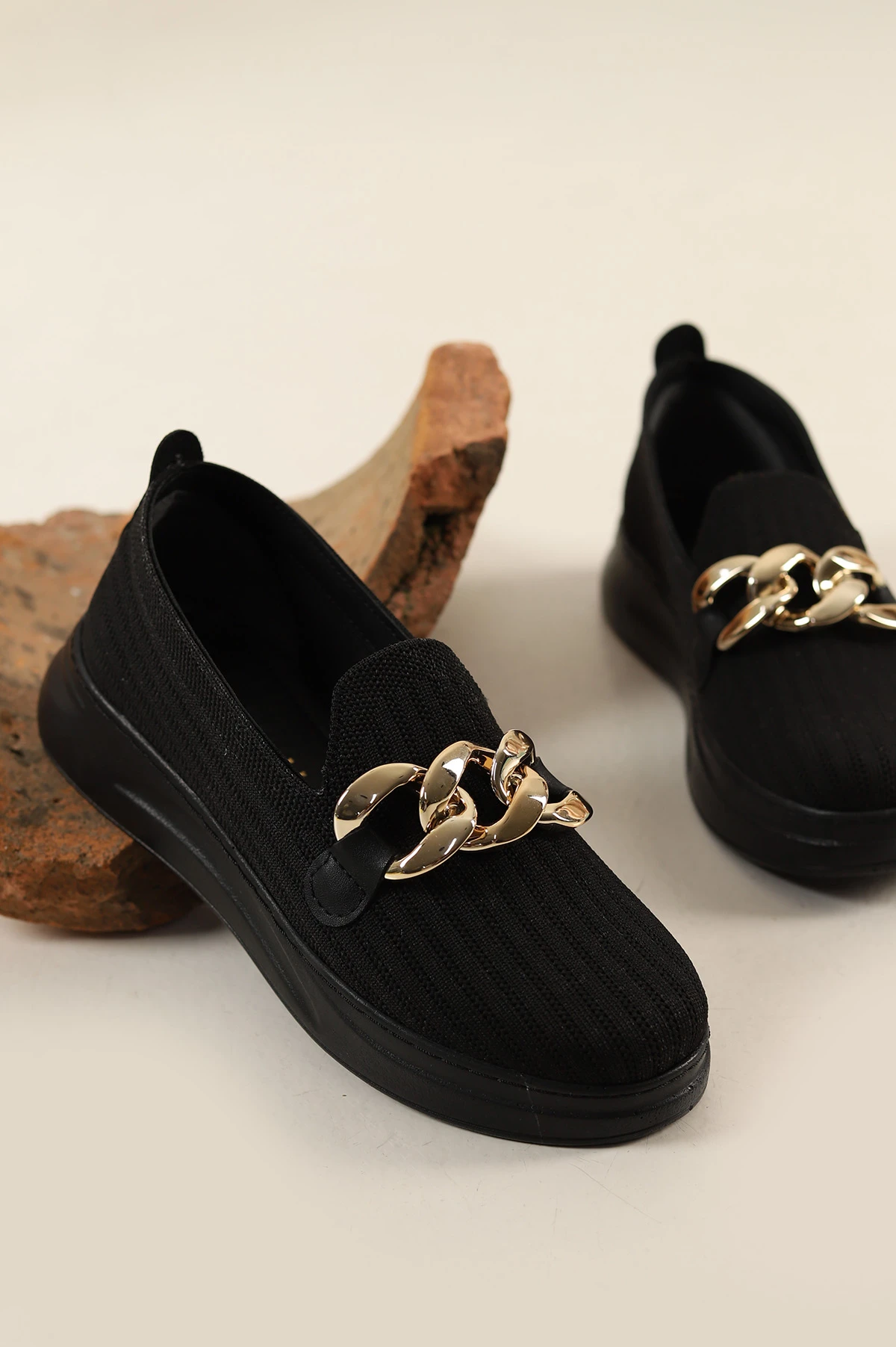 Siyah Triko Gold Tokalı Loafer Ayakkabı 263752