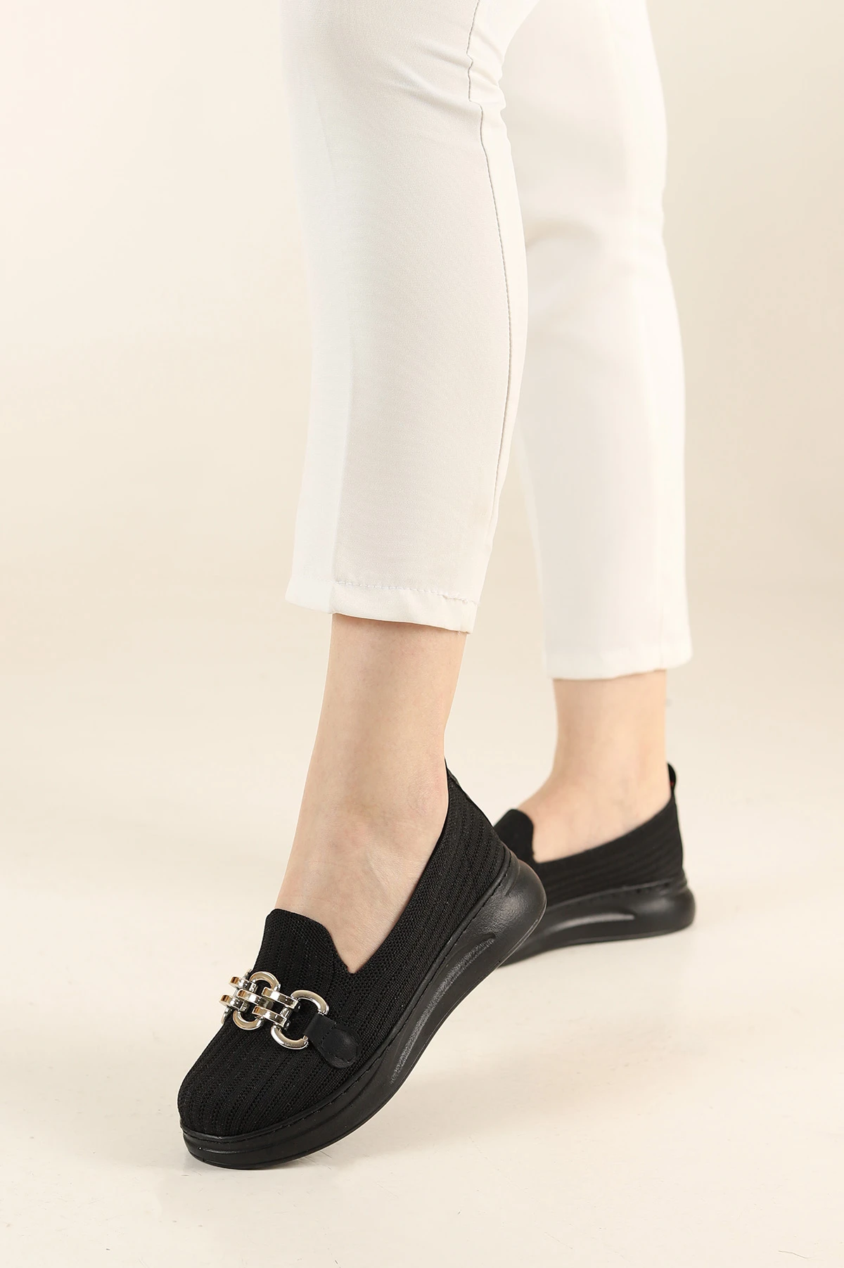 Siyah Triko Gold Tokalı Loafer Ayakkabı 264088