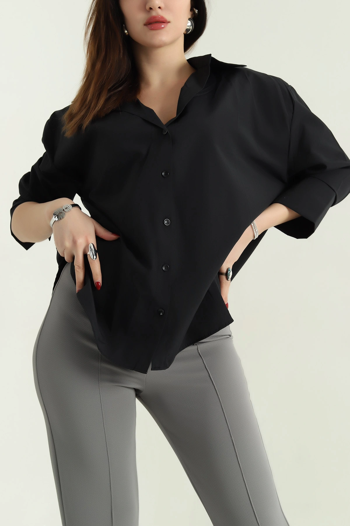 Siyah Truvakar Kol Poplin Bayan Gömlek 336972