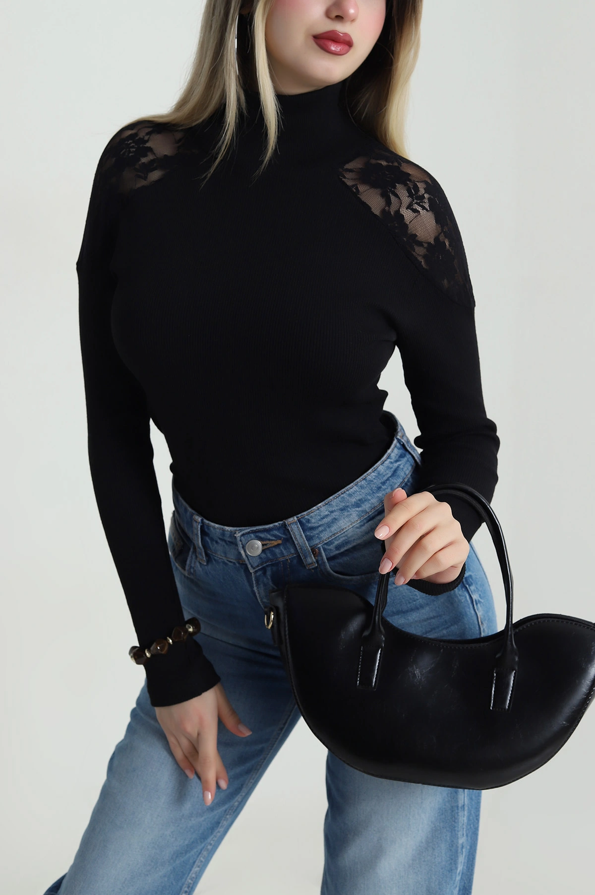 Siyah Tül Detay Fitilli Kadın Bluz 487390