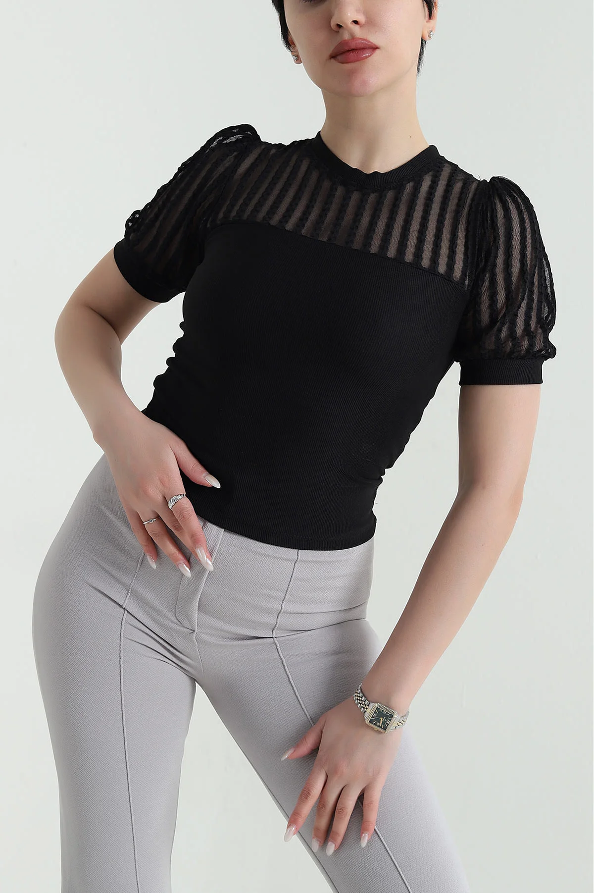 Siyah Tül Garnili Ottoman Kadın Bluz 448674