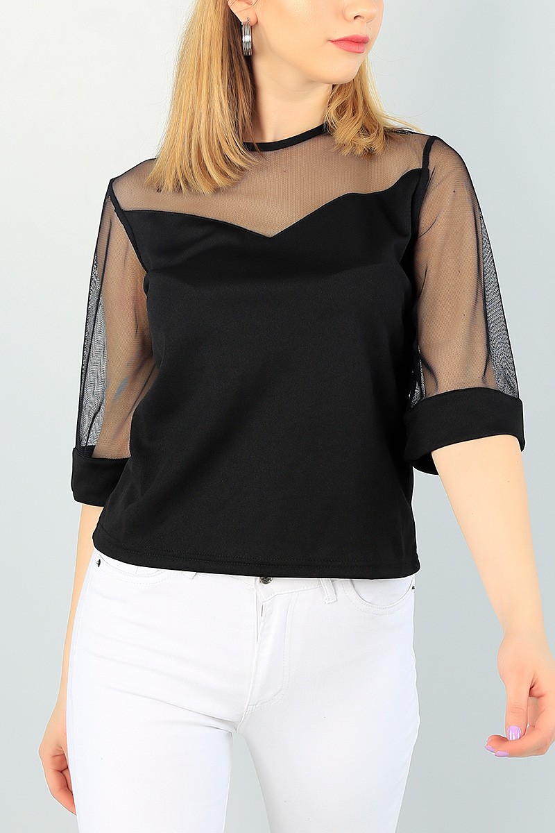 Siyah Tül Tasarım Bluz 65033