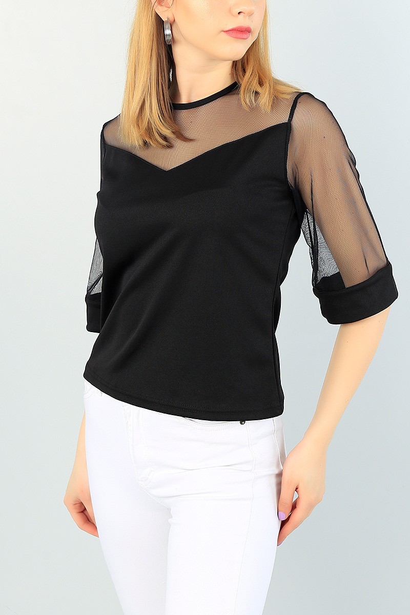 Siyah Tül Tasarım Bluz 65033