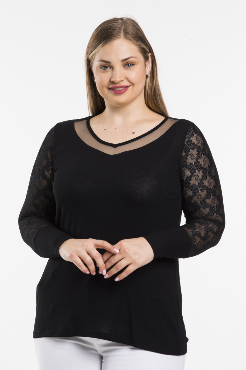 Siyah Tül Tasarım Büyük Beden Bluz 51305