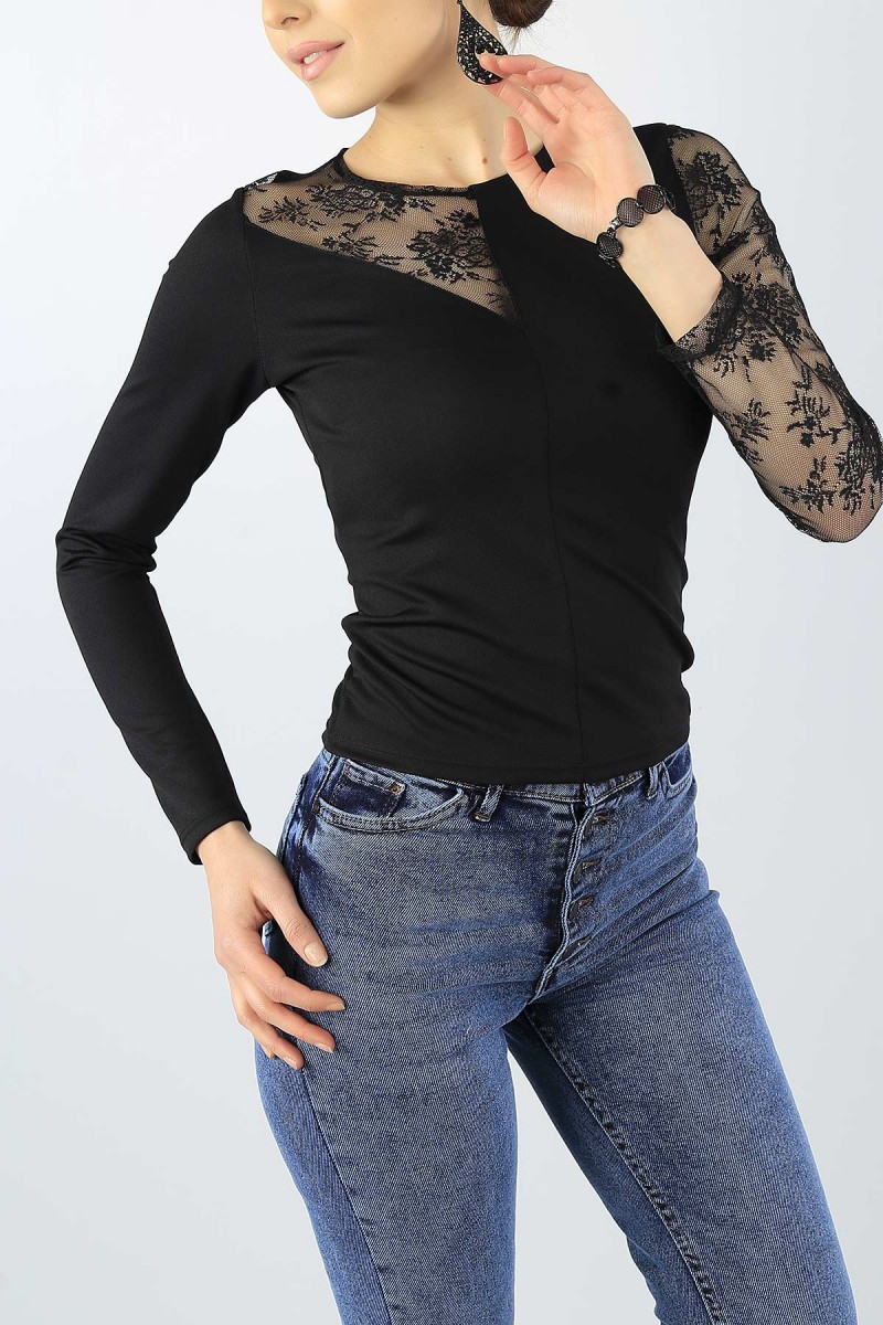 Siyah Tül Tasarımlı Bluz 54142