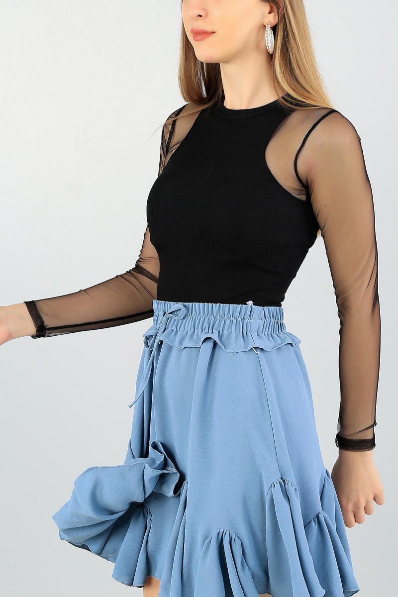 Siyah Tül Tasarımlı Fitilli Bluz 58104