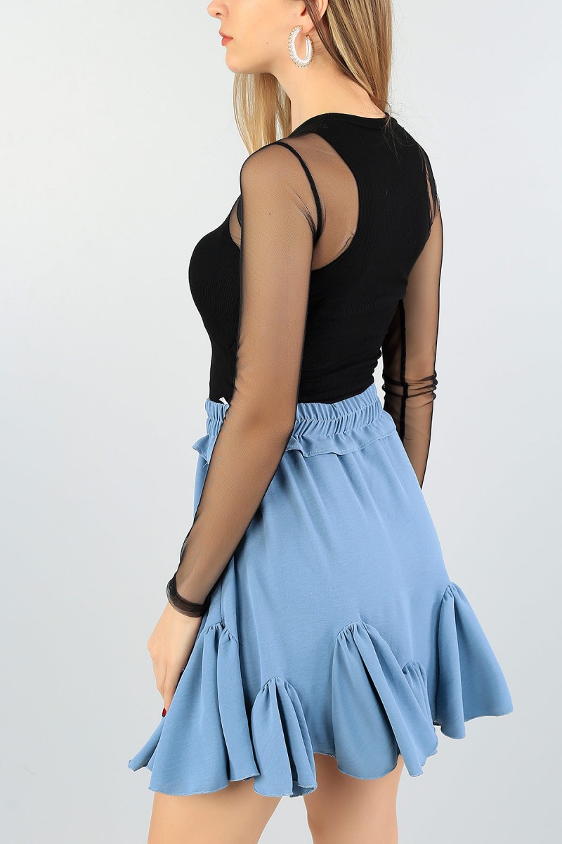 Siyah Tül Tasarımlı Fitilli Bluz 58104