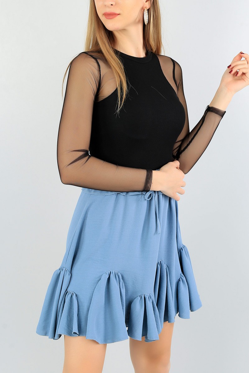 Siyah Tül Tasarımlı Fitilli Bluz 58104