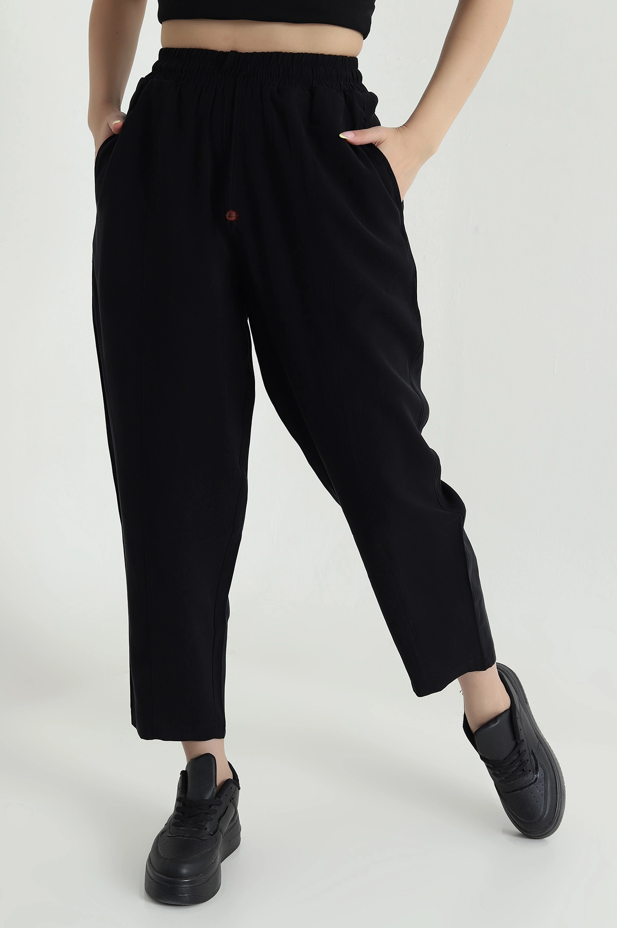 Siyah Twil Modal Beli Lastikli Kadın Pantolon 469593