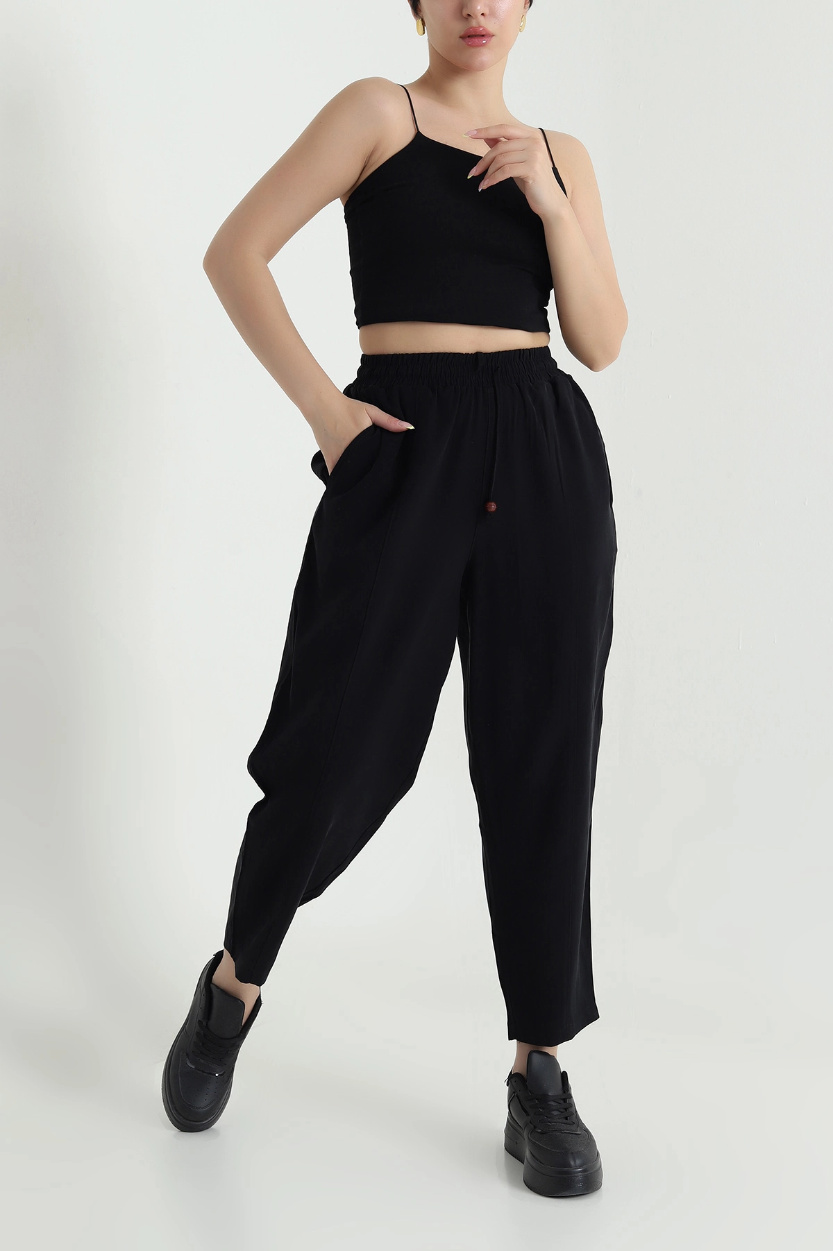 Siyah Twil Modal Beli Lastikli Kadın Pantolon 469593