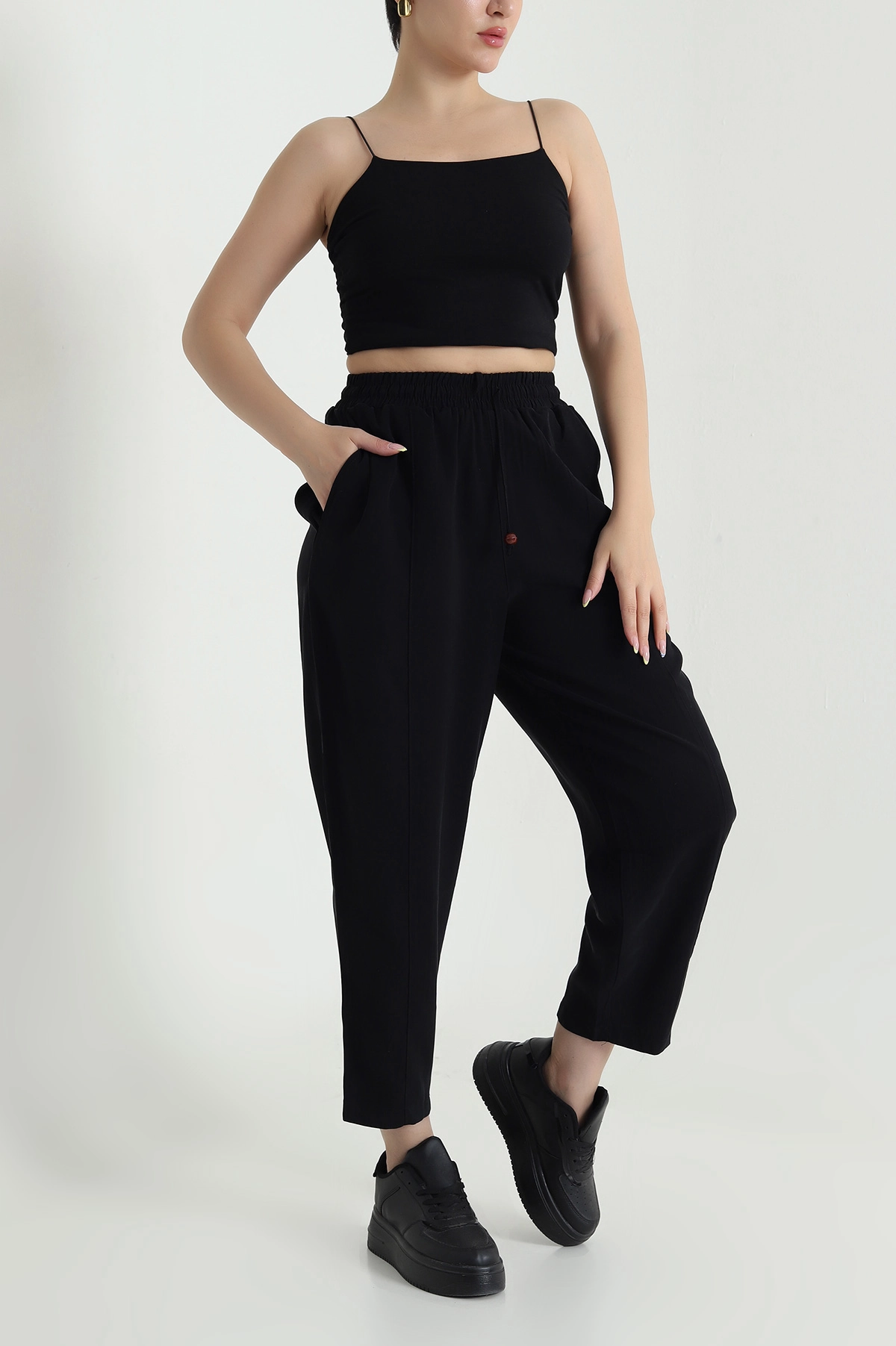 Siyah Twil Modal Beli Lastikli Kadın Pantolon 469593