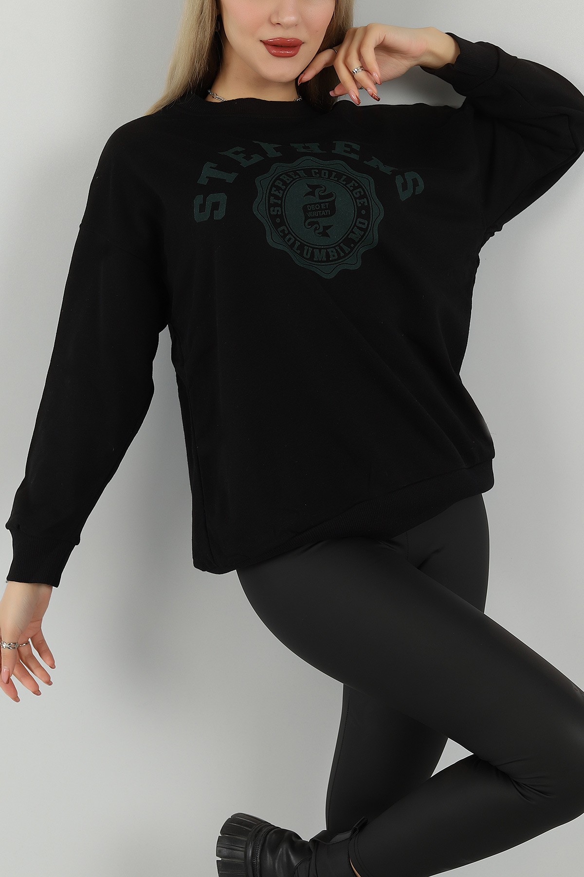 Siyah Üç İp Baskılı Bayan Sweat 144968