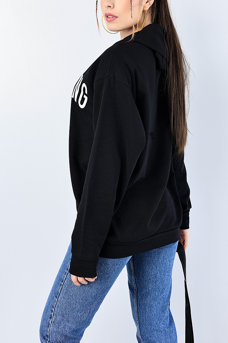 Siyah Üç İp Baskılı Bayan Sweat 82923