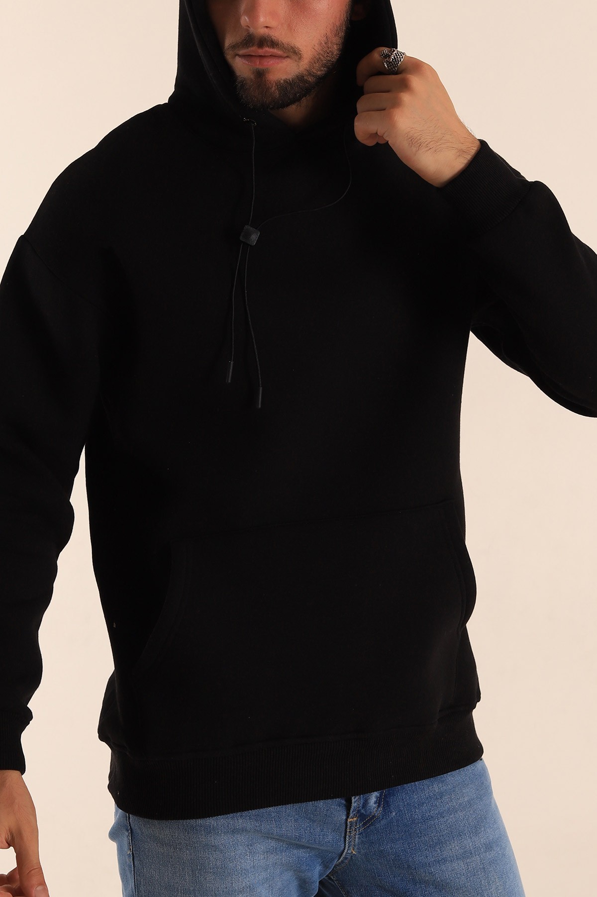 Siyah Üç İp Şardonlu Kapüşonlu Basic Erkek Sweatshirt 226424