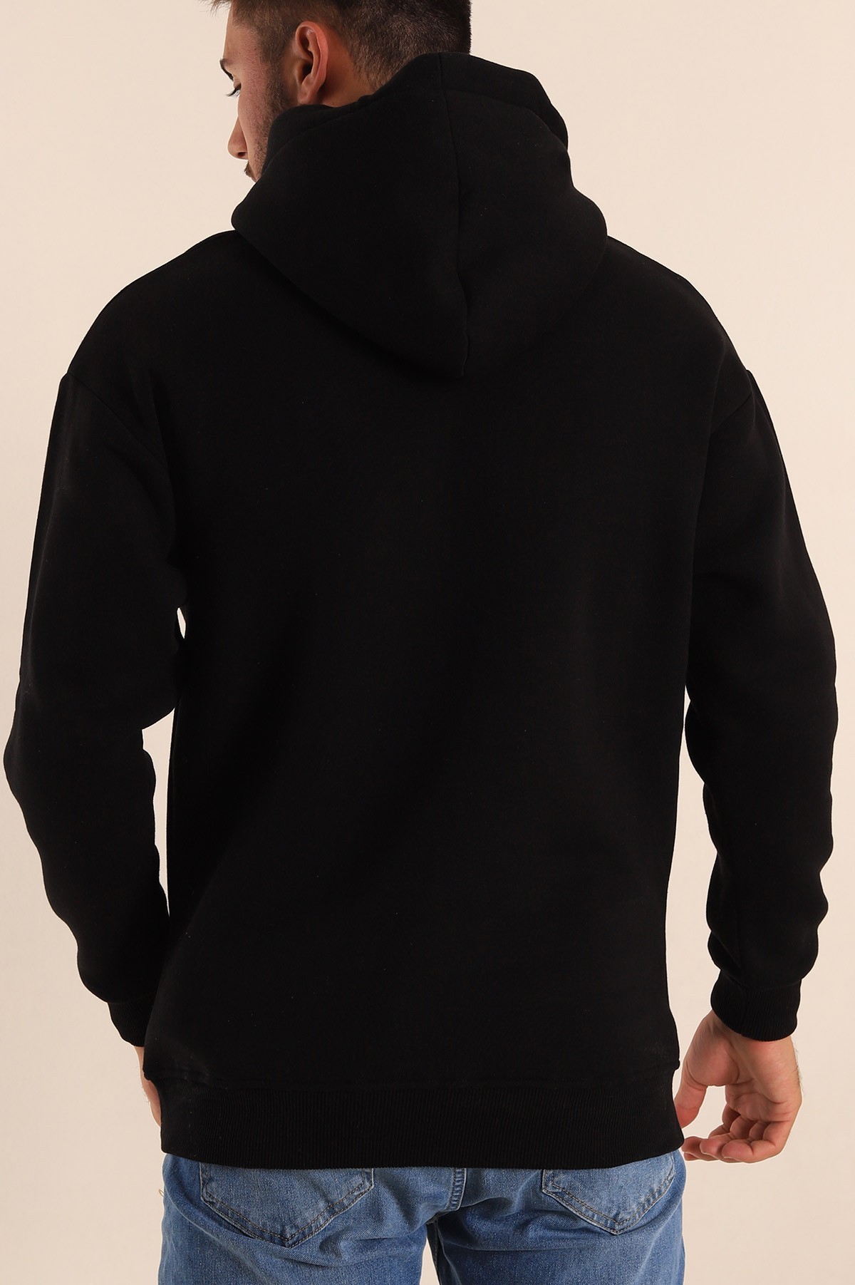 Siyah Üç İp Şardonlu Kapüşonlu Basic Erkek Sweatshirt 226424