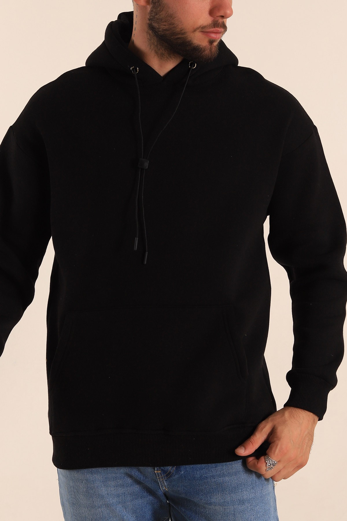 Siyah Üç İp Şardonlu Kapüşonlu Basic Erkek Sweatshirt 226424