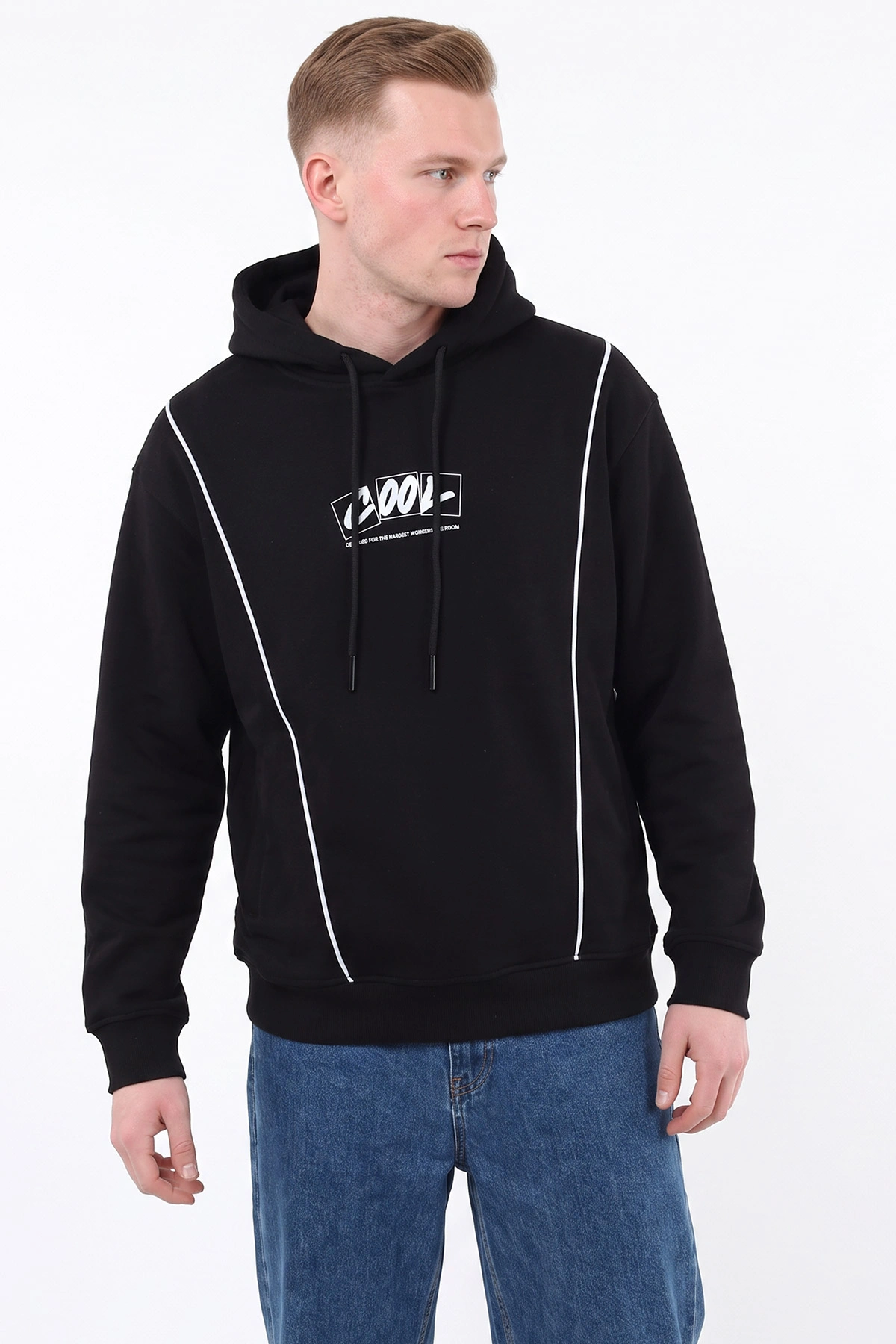 Siyah Üç İp Şardonlu Kapüşonlu Erkek Sweatshirt 500072