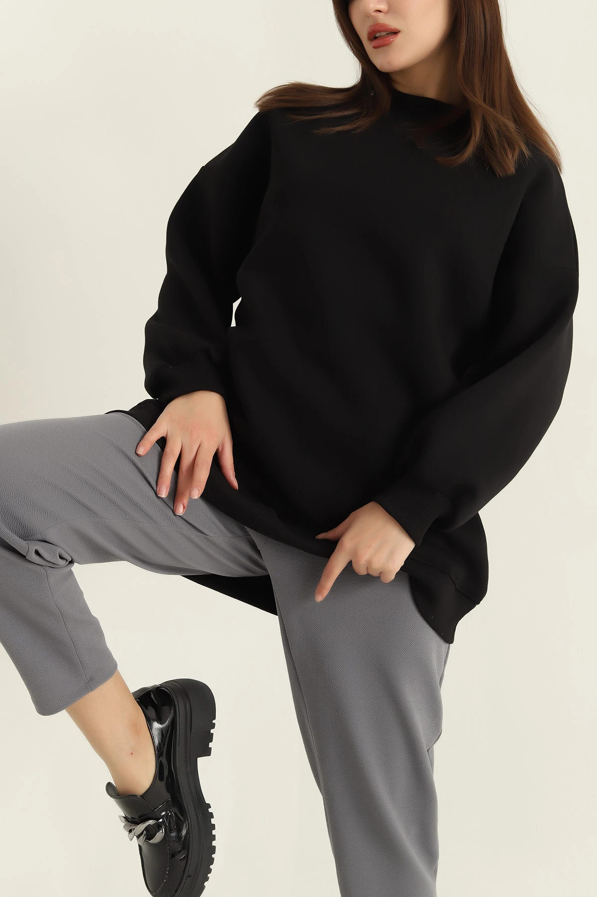 Siyah Üç İplik Şardonlu Sweat Tunik 321587