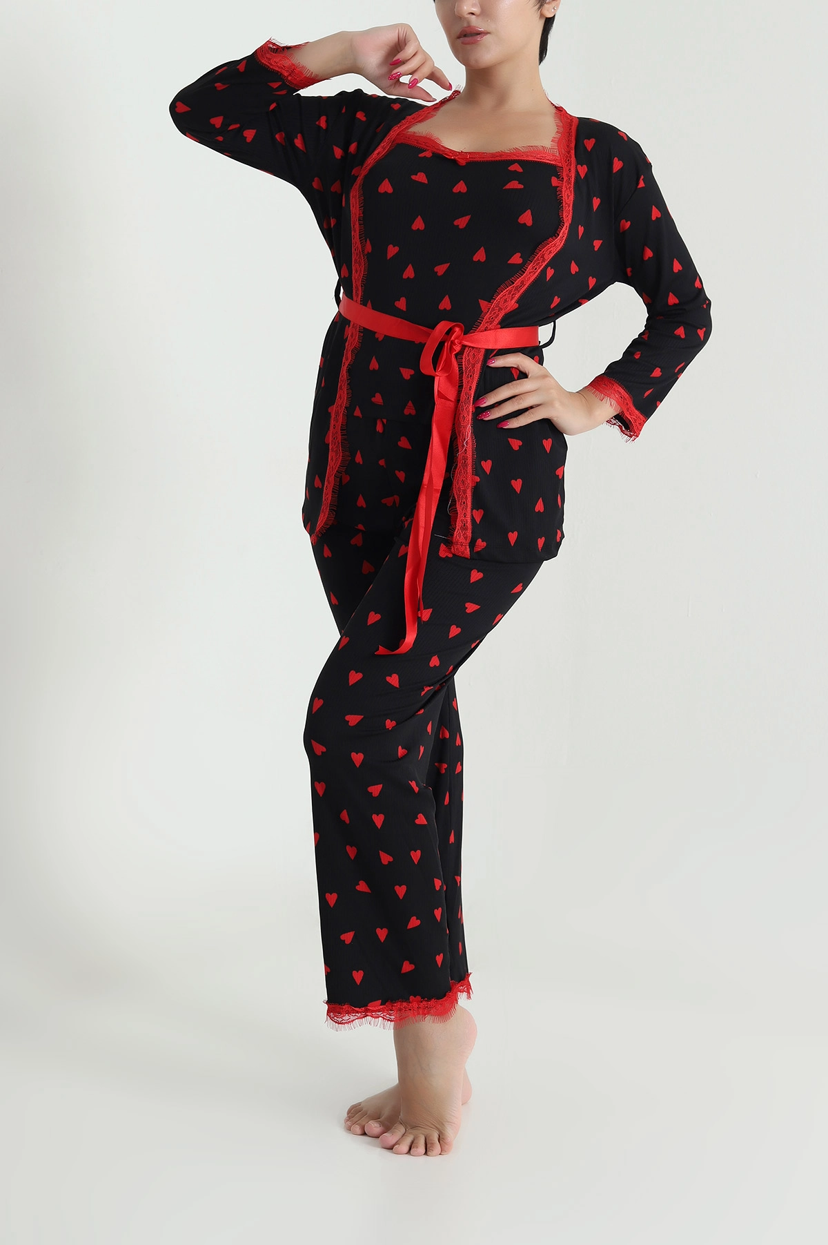 Siyah Üçlü Sleepy Kadın Sabahlık Pijama Takımı 476888