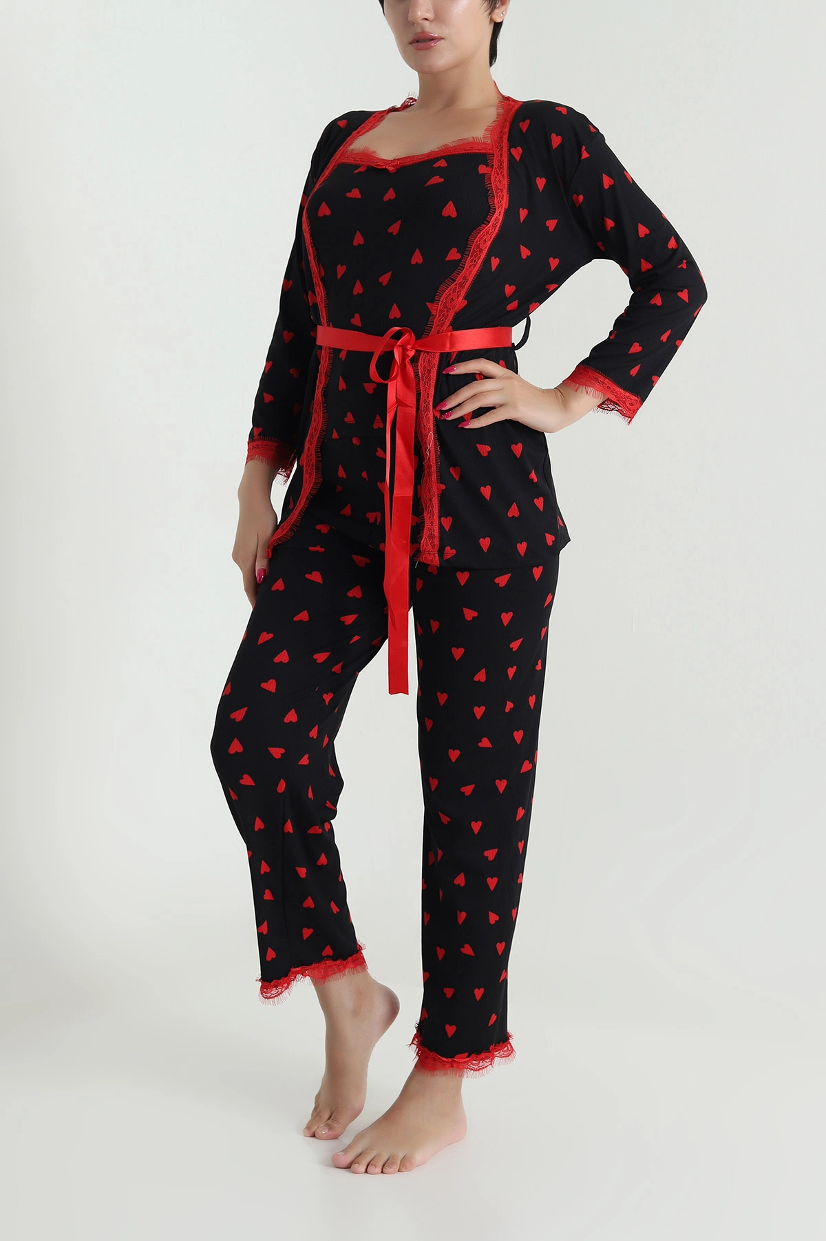 Siyah Üçlü Sleepy Kadın Sabahlık Pijama Takımı 476888