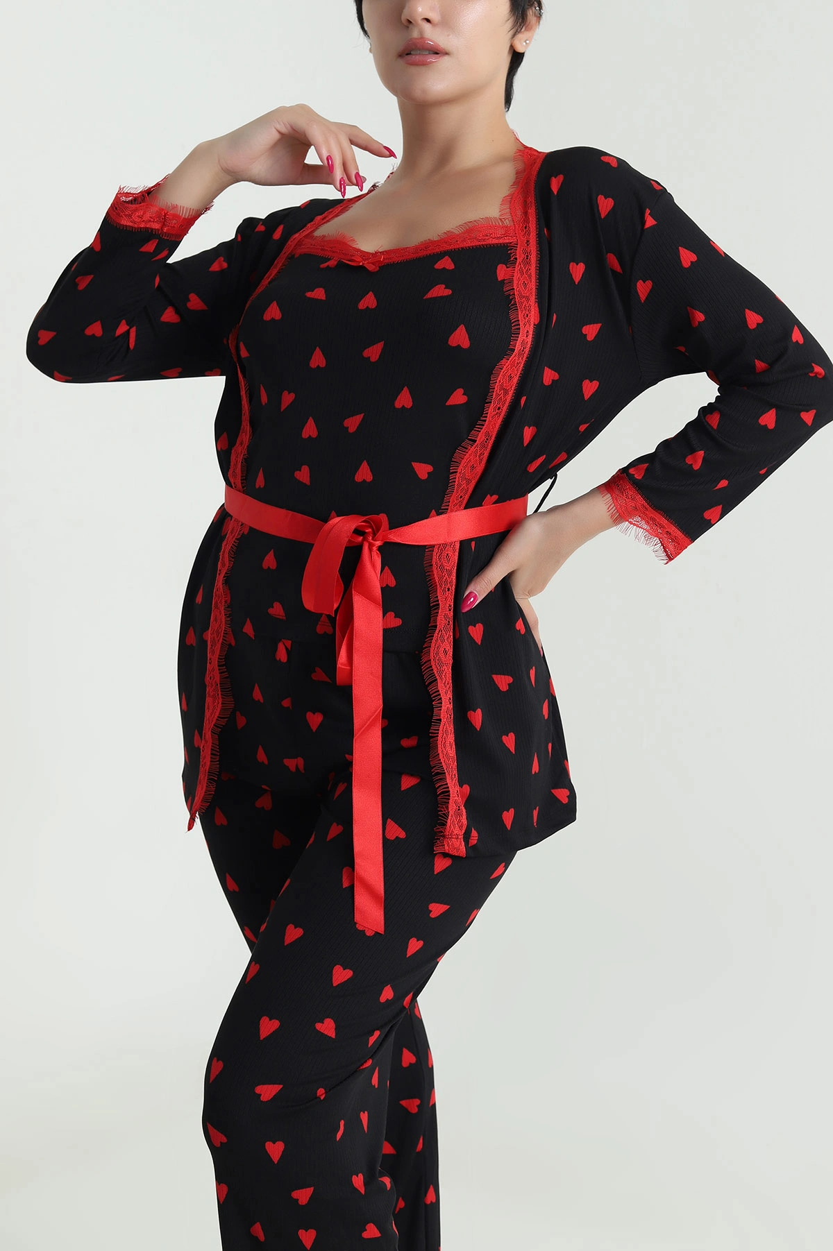 Siyah Üçlü Sleepy Kadın Sabahlık Pijama Takımı 476888