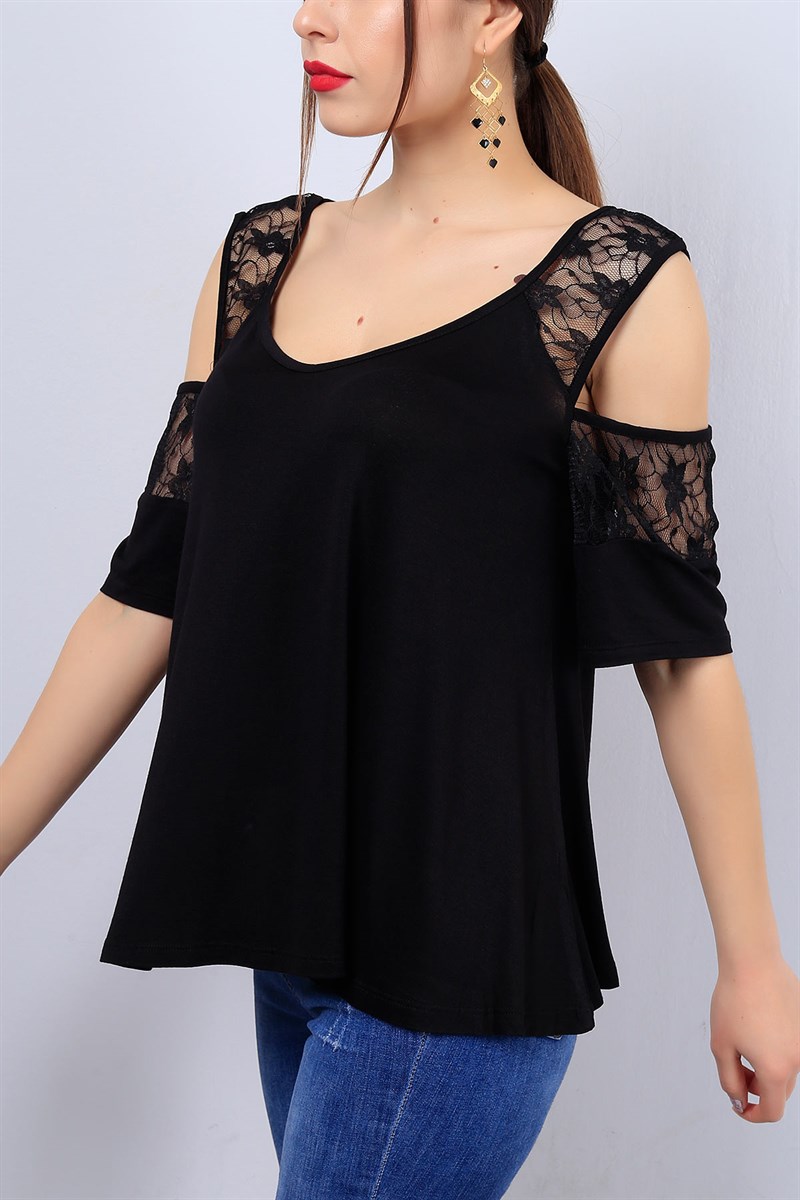 Siyah V Yaka Omuzları Açık Bayan Bluz 12669B
