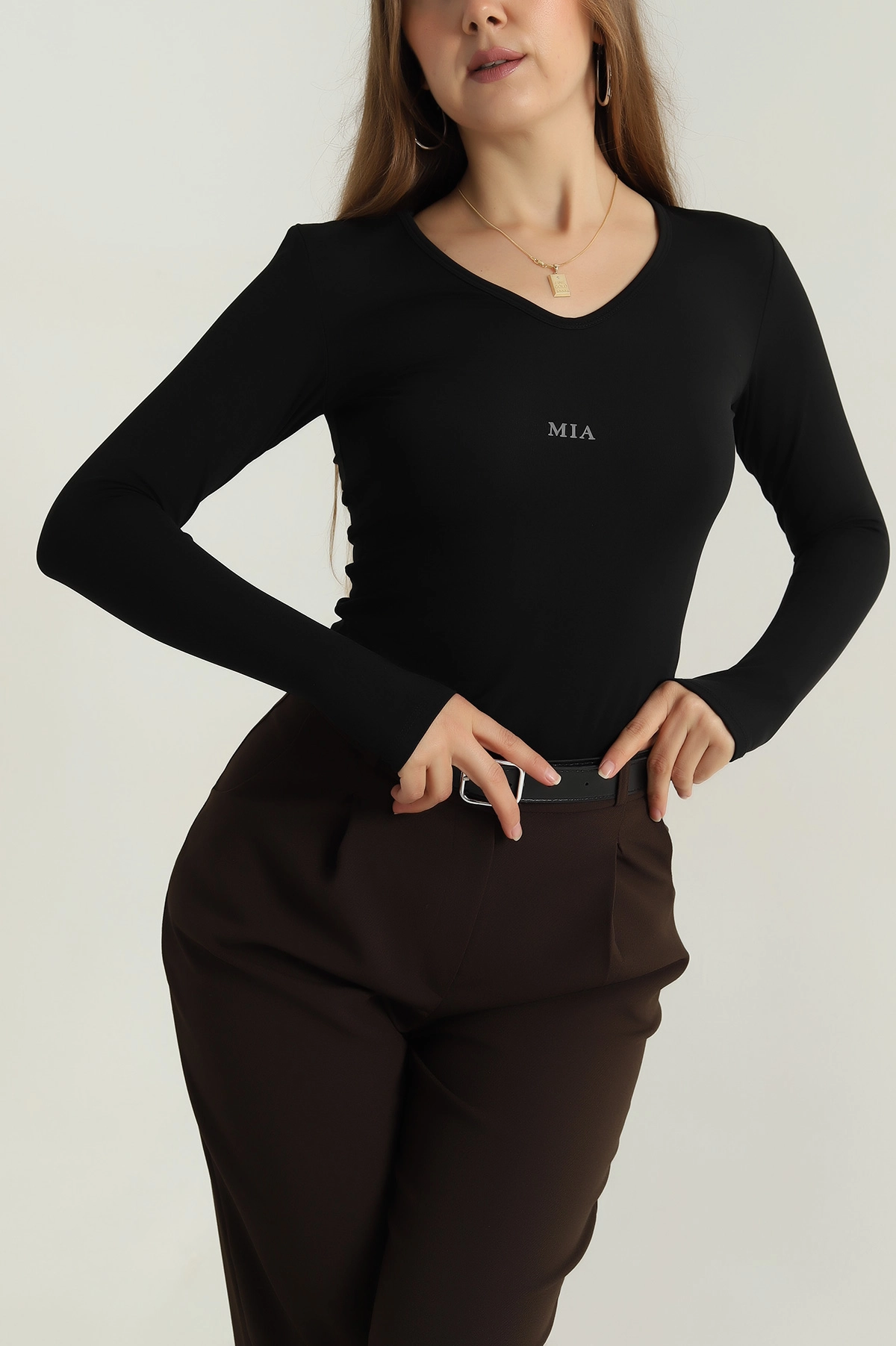 Siyah V Yaka Baskılı Oysho Kadın Bluz 406730