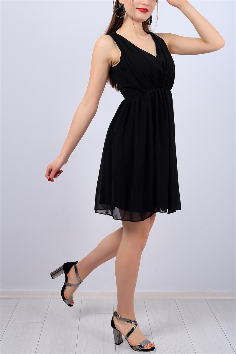 Siyah V Yaka Bayan Şifon Elbise 12598B