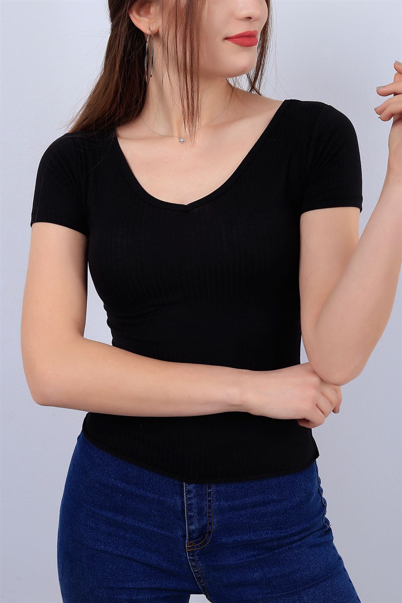 Siyah V yaka Bayan Tişört 12966B
