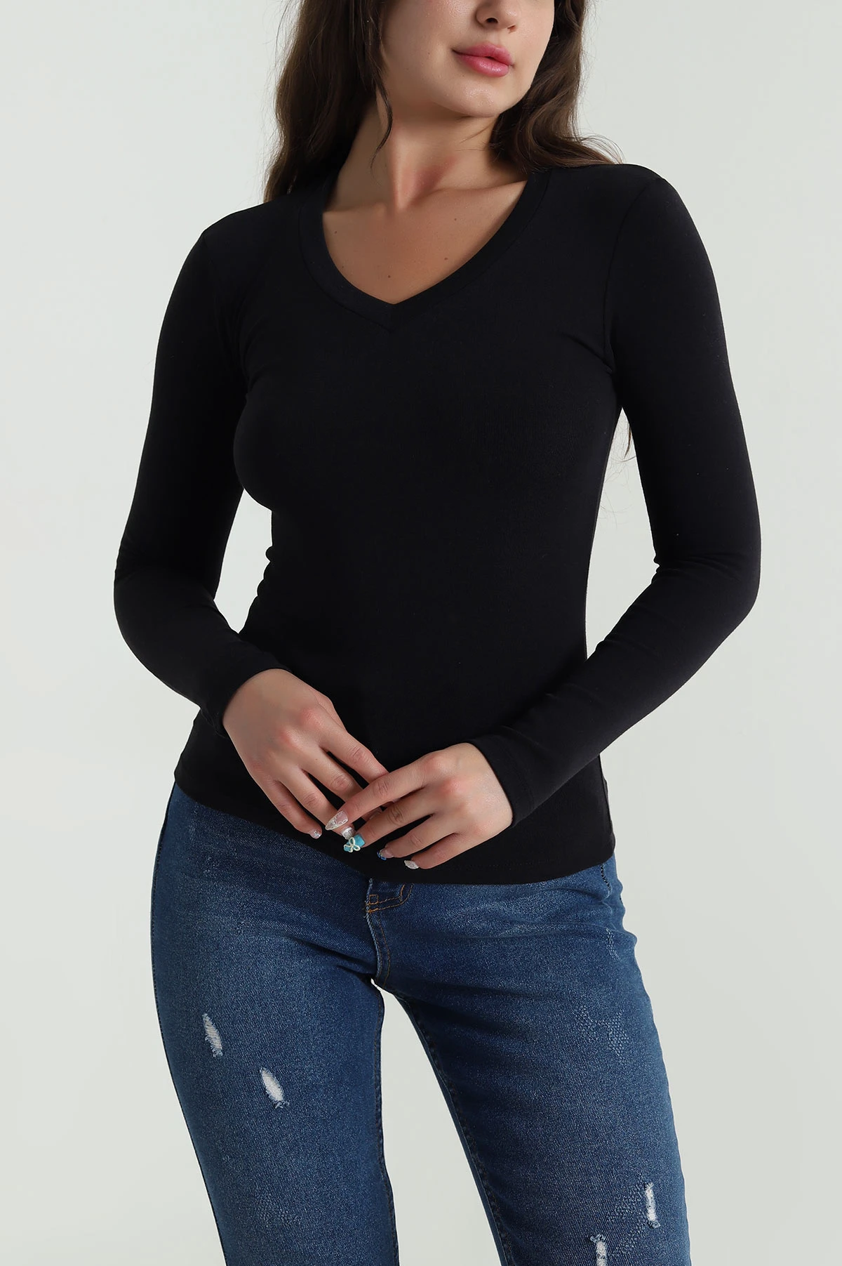 Siyah V Yaka Buzzy Kadın Bluz 484300