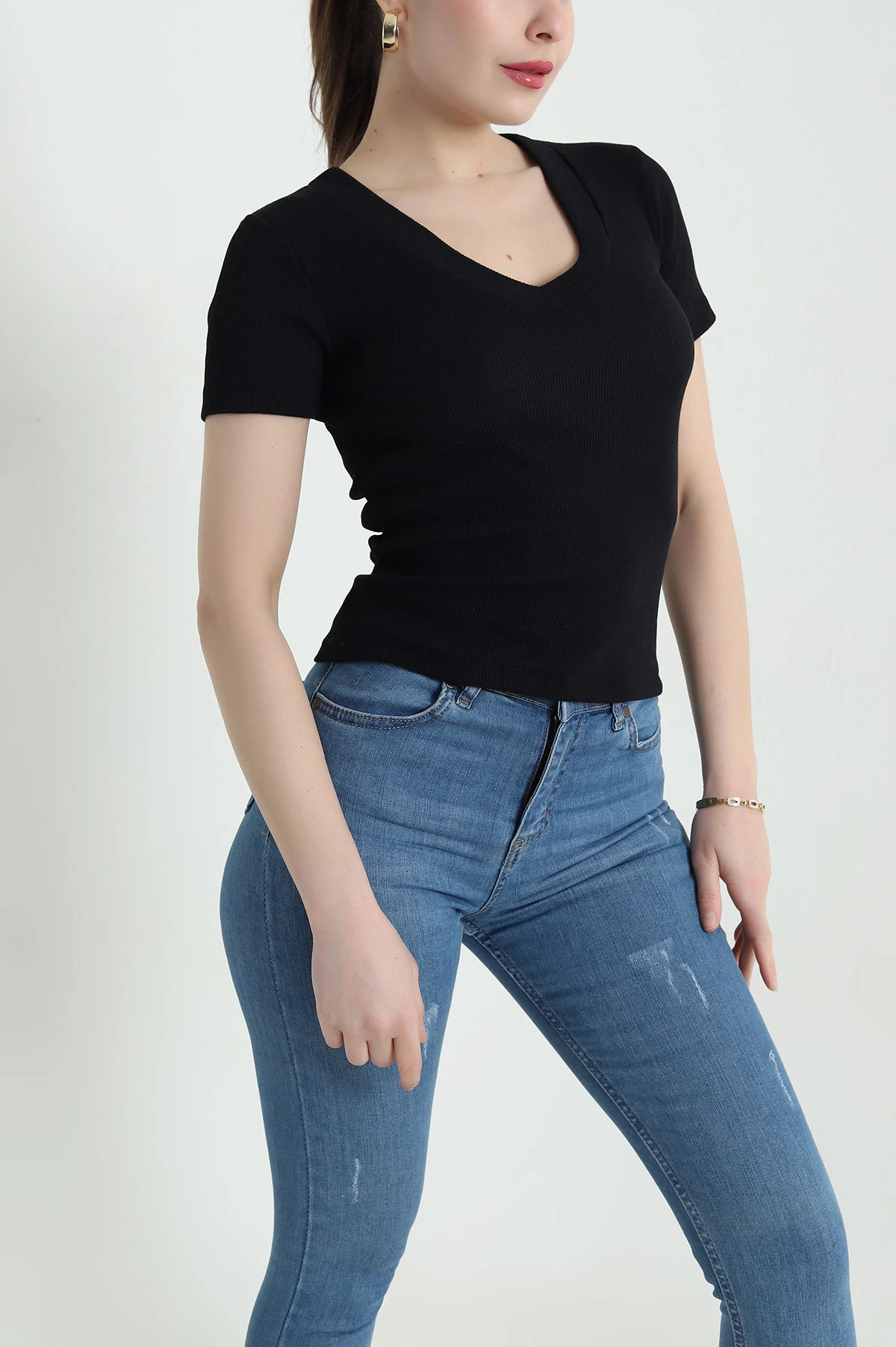Siyah V Yaka Fitilli Kadın Bluz 441325